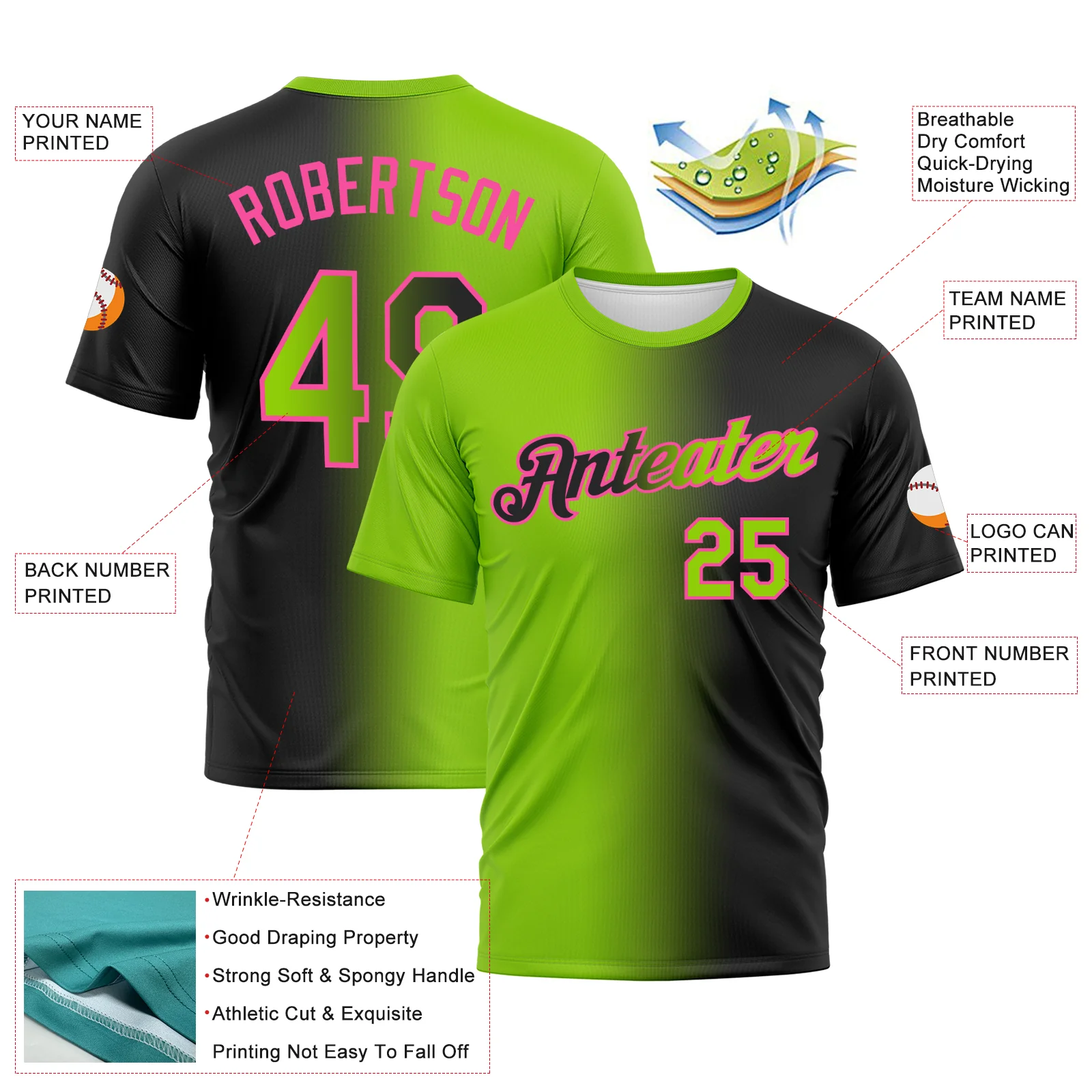 Custom Black Neon Green-Pink Gradient Fashion Performance T-Shirt - Image 3