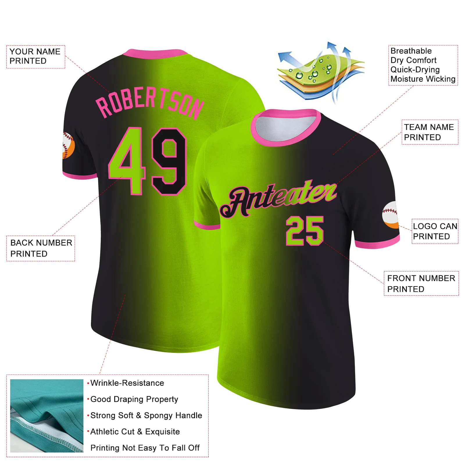 Custom Black Neon Green-Pink Gradient Fashion Performance T-Shirt - Image 2