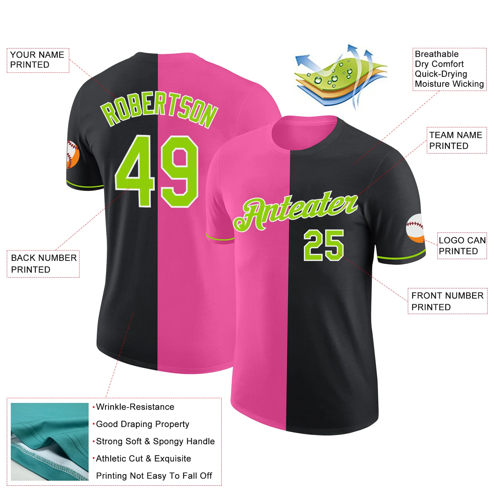 Custom Black Neon Green-Pink Split Fashion Performance T-Shirt - Image 2