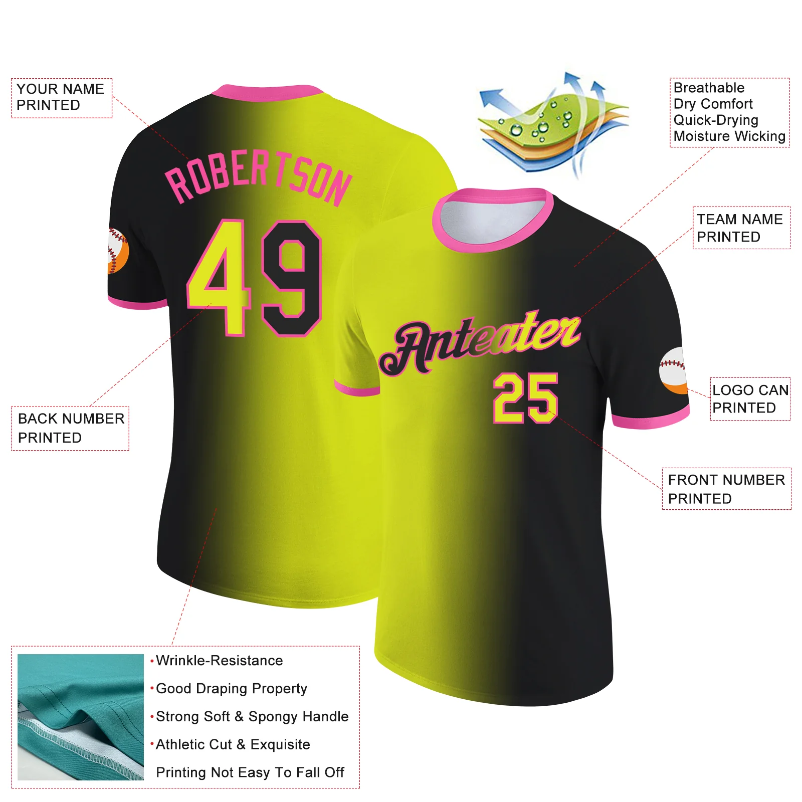 Custom Black Neon Yellow-Pink Gradient Fashion Performance T-Shirt - Image 2