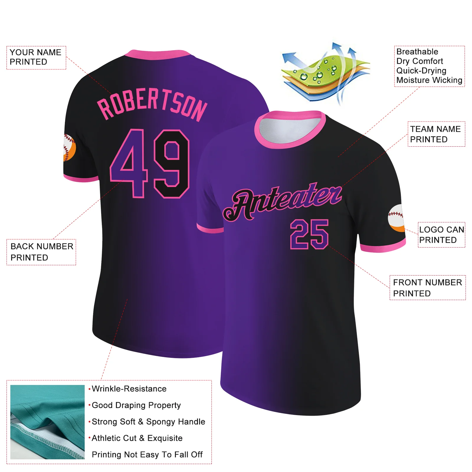 Custom Black Purple-Pink Gradient Fashion Performance T-Shirt - Image 2