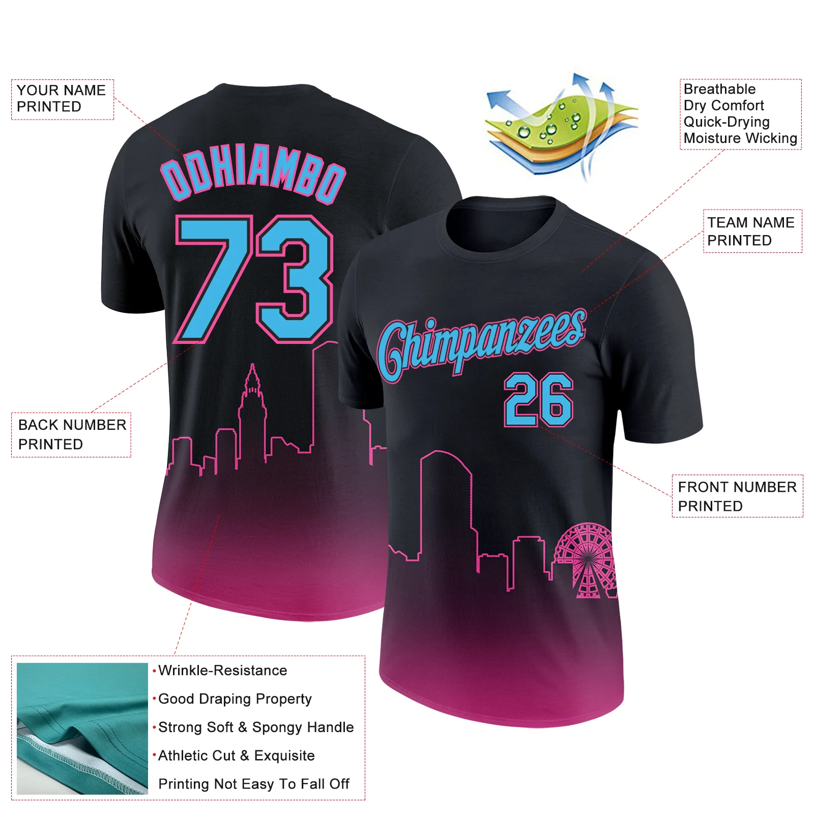 Custom Black Sky Blue-Pink 3D Miami City Edition Fade Fashion Performance T-Shirt - Image 2