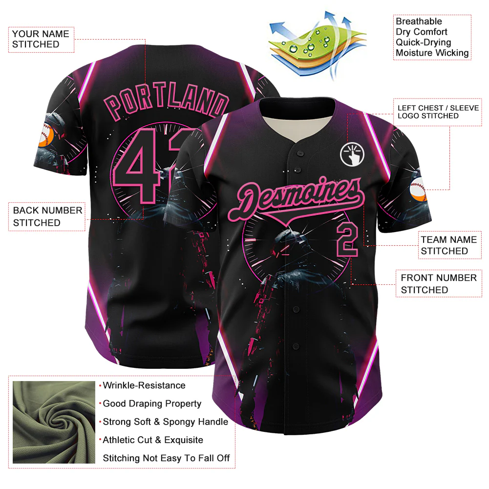 Custom Blue Black-Pink 3D Pattern Design Outer Space Light Swords Authentic Baseball Jersey - Image 3