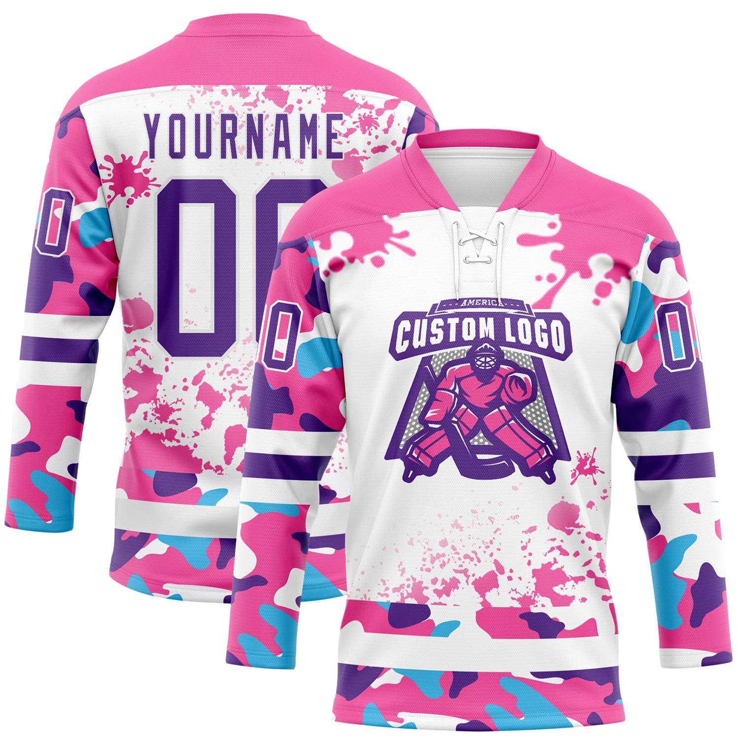 Custom Camo Purple Pink-White Splash Hockey Lace Neck Jersey - Image 2