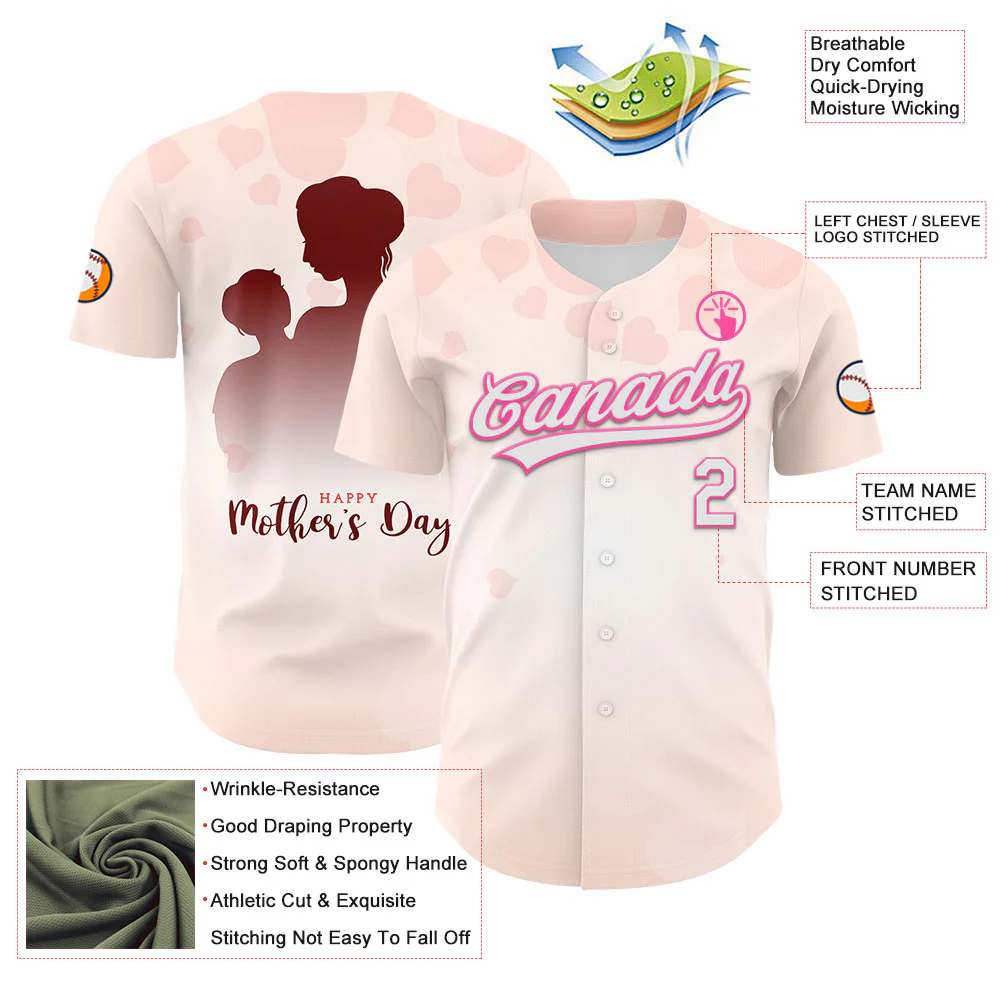 Custom Cream White-Pink 3D Pattern Design Mother's Day Family Love Authentic Baseball Jersey - Image 3