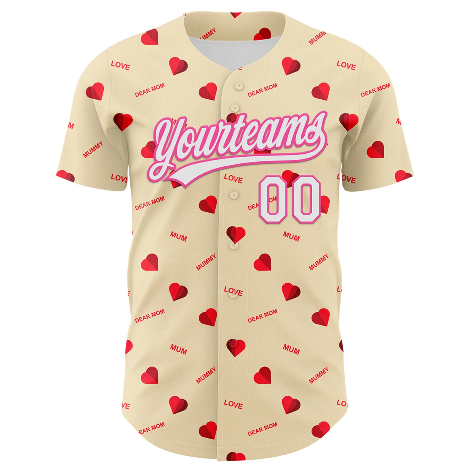 Custom Cream White-Pink 3D Pattern Design Mother's Day Love Authentic Baseball Jersey - Image 2