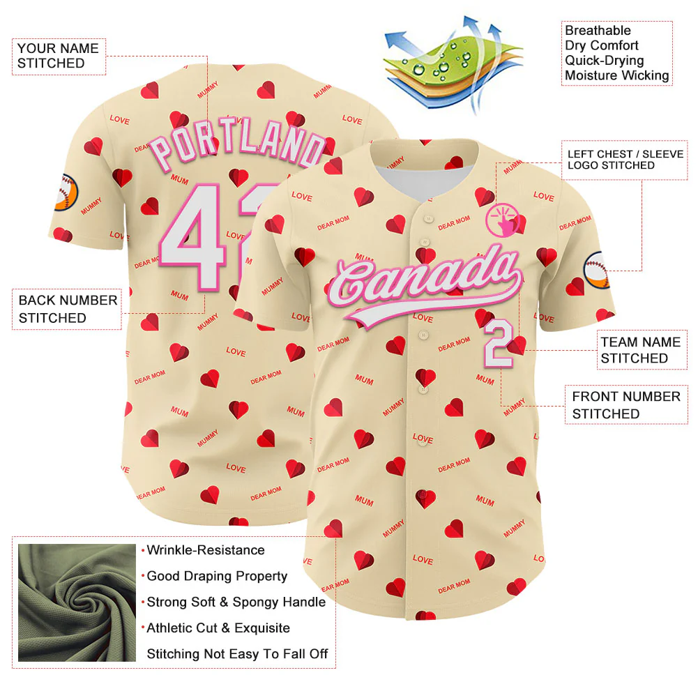 Custom Cream White-Pink 3D Pattern Design Mother's Day Love Authentic Baseball Jersey - Image 3