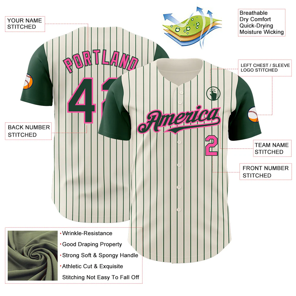 Custom Cream Green Pinstripe Pink Authentic Two Tone Baseball Jersey - Image 3