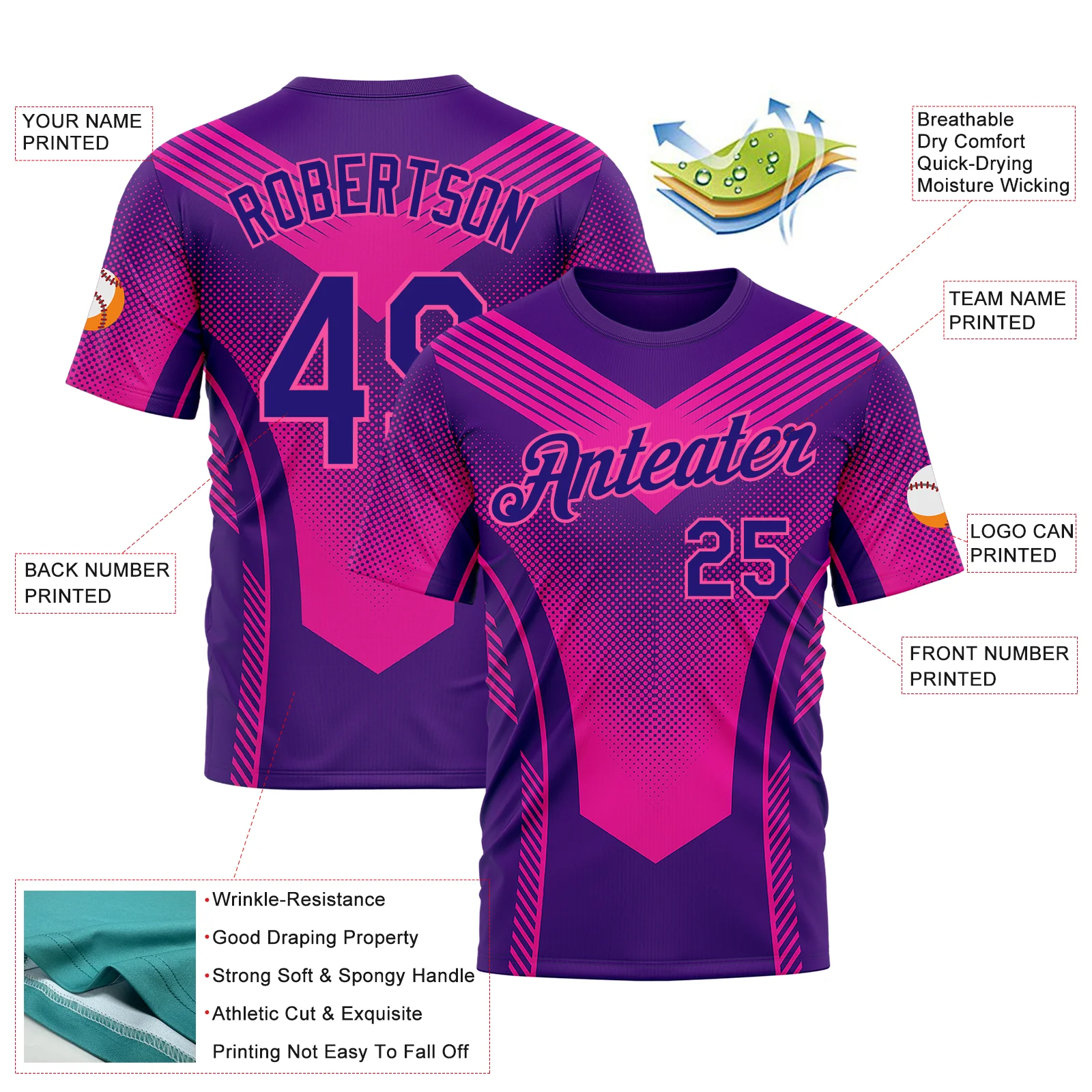 Custom Dark Purple Pink 3D Pattern Design Gradient Neon Sportswear Performance T-Shirt - Image 2