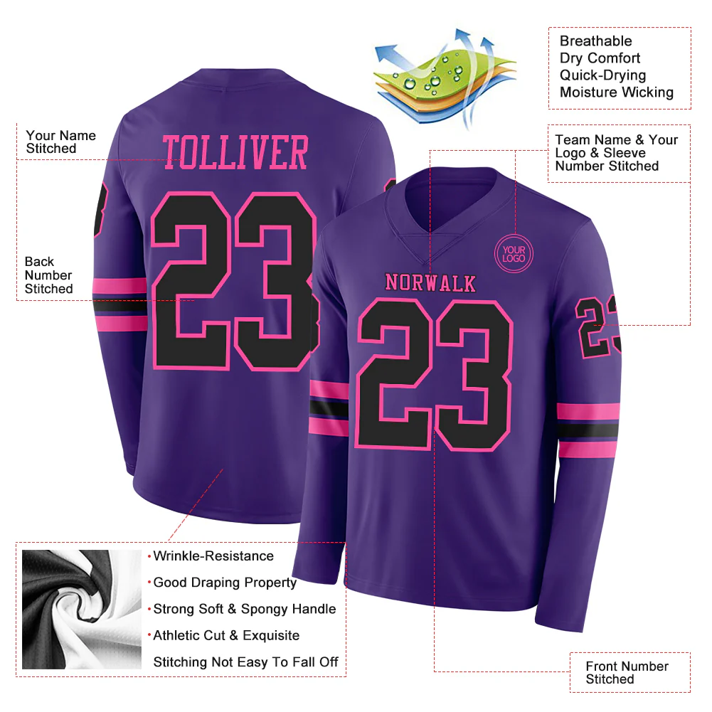 Custom Purple Black-Pink Long Sleeve Authentic Football Jersey - Image 2