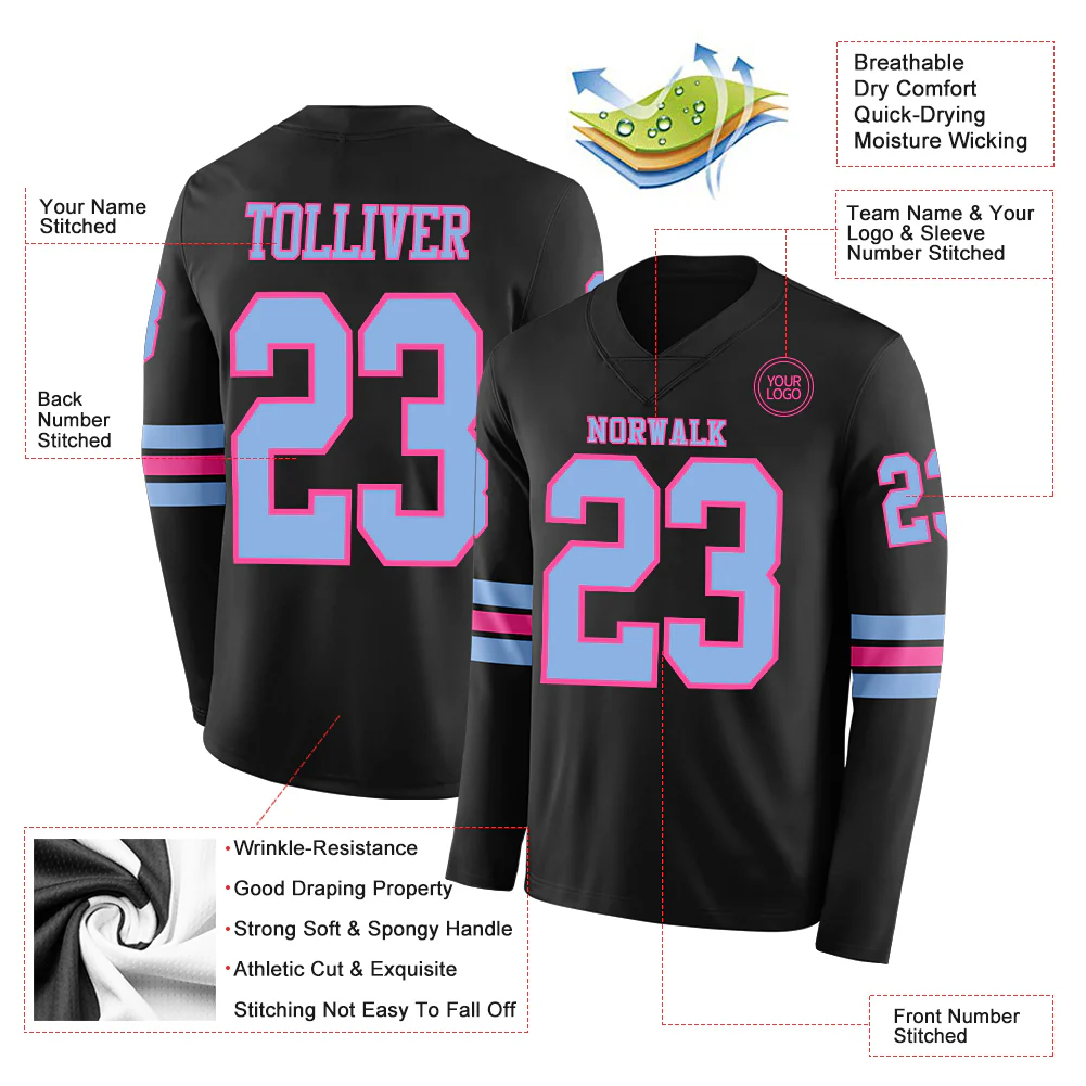 Custom Black Light Blue-Pink Long Sleeve Authentic Football Jersey - Image 2