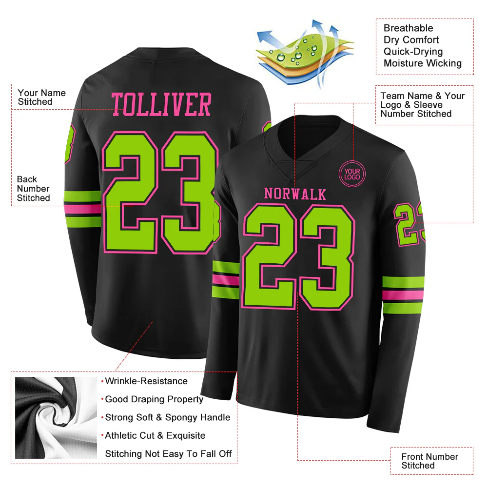 Custom Black Neon Green-Pink Long Sleeve Authentic Football Jersey - Image 2