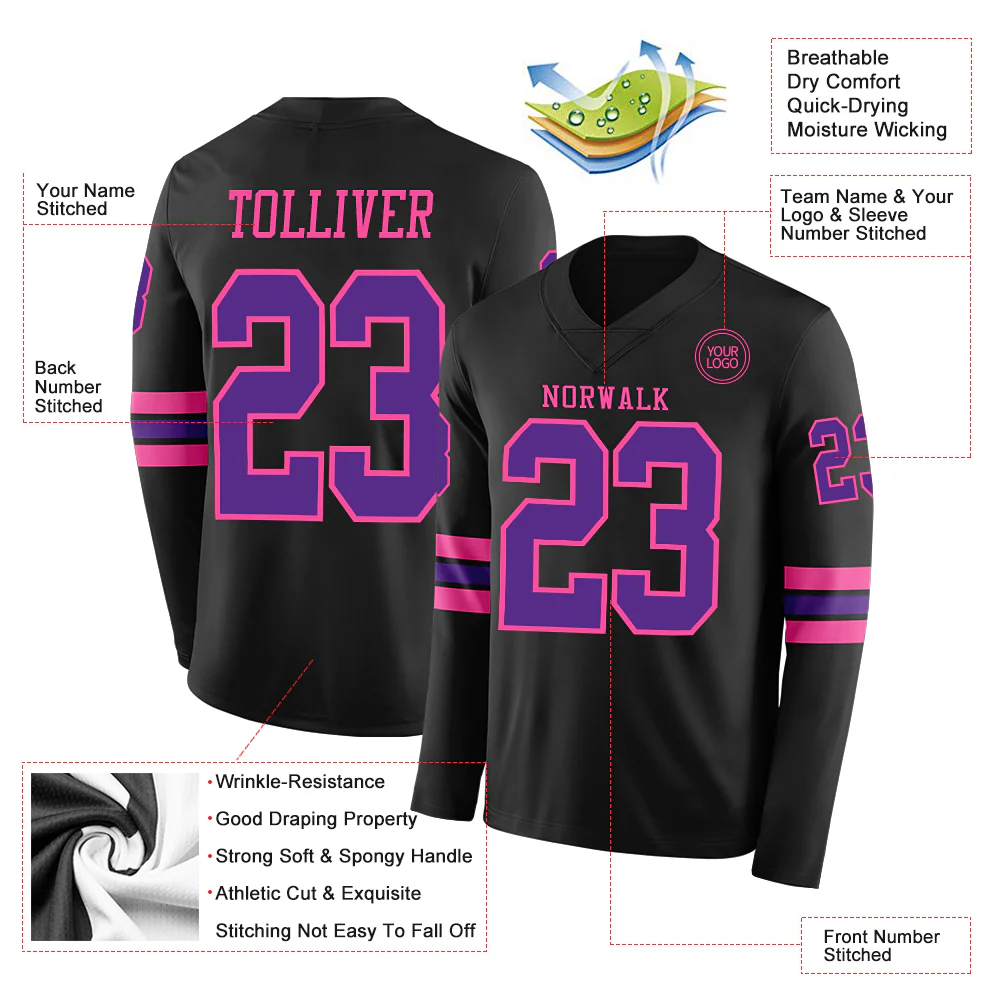 Custom Black Purple-Pink Long Sleeve Authentic Football Jersey - Image 2