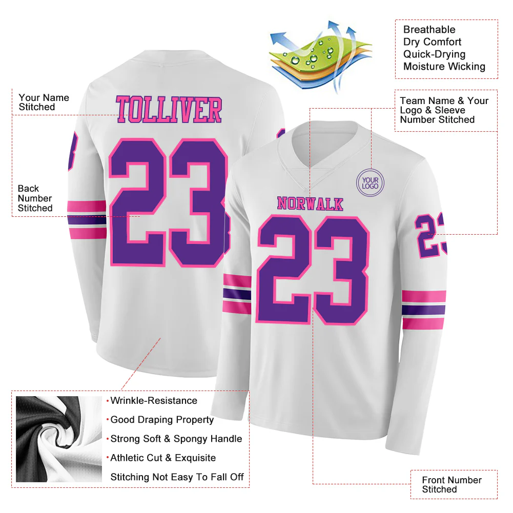 Custom White Purple-Pink Long Sleeve Authentic Football Jersey - Image 2