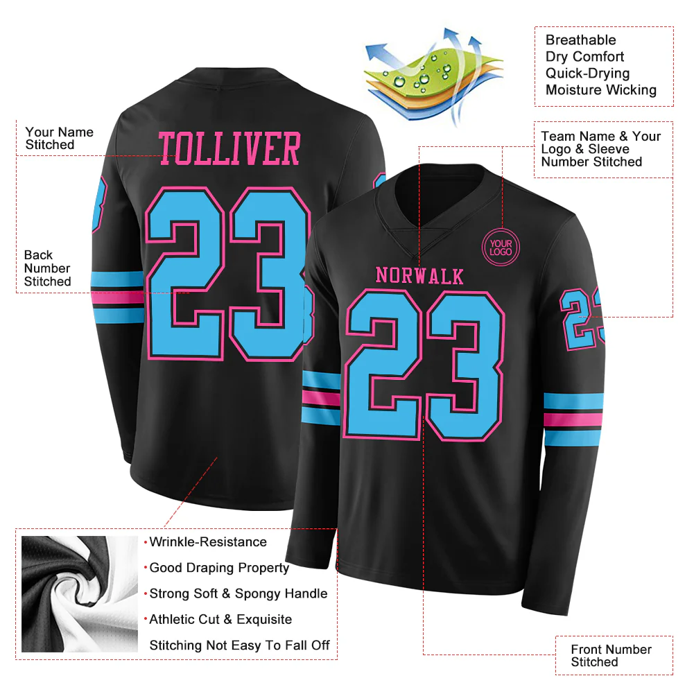 Custom Black Sky Blue-Pink Long Sleeve Authentic Football Jersey - Image 2