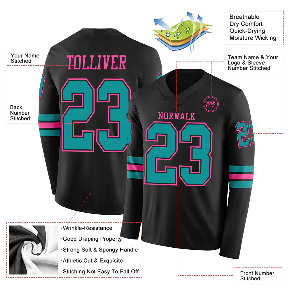 Custom Black Teal-Pink Long Sleeve Authentic Football Jersey - Image 2