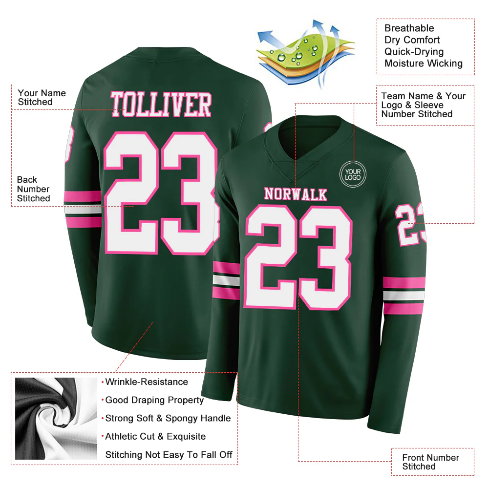 Custom Green White-Pink Long Sleeve Authentic Football Jersey - Image 2