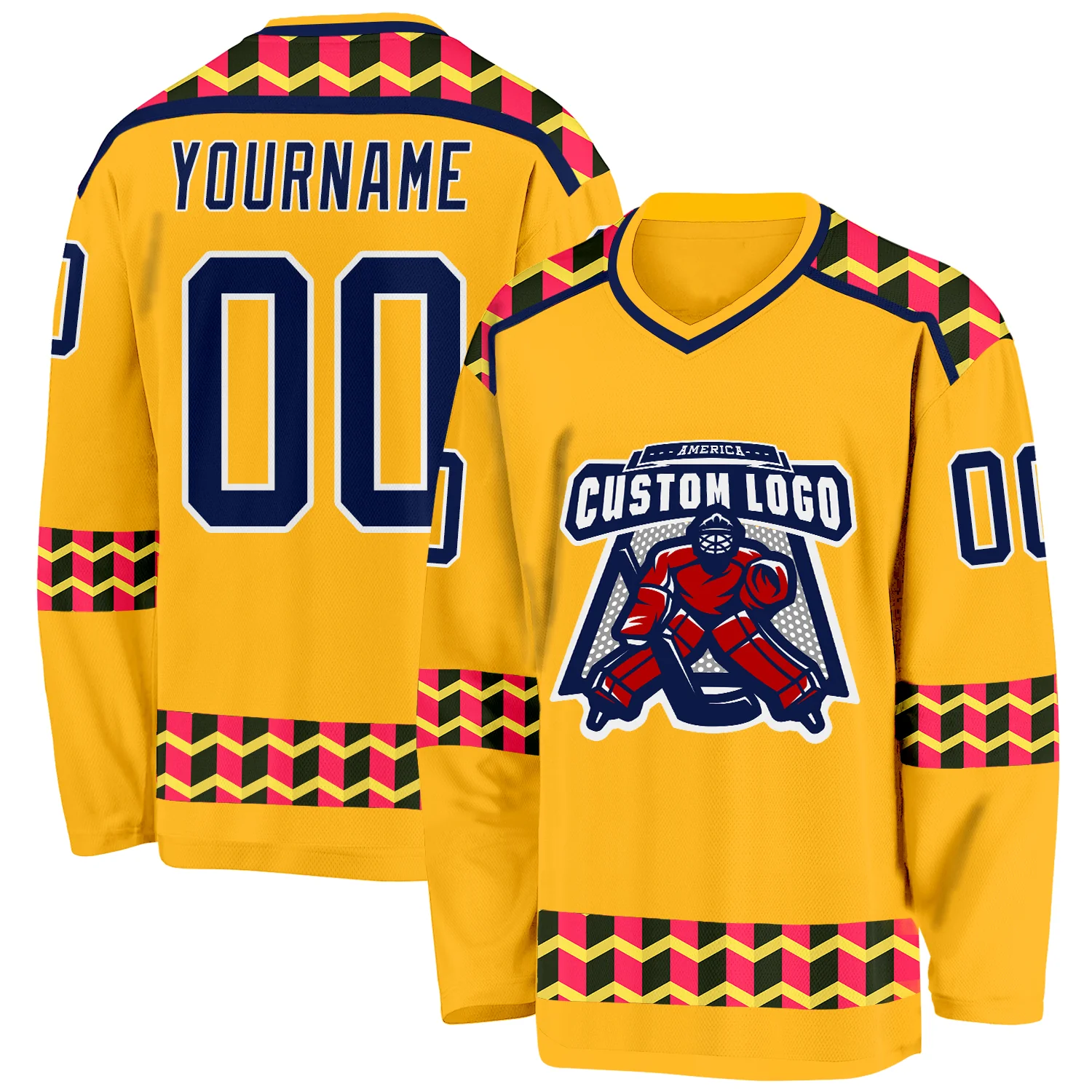 Custom Gold Navy Pink Black-White Plaid Hockey Jersey - Image 2