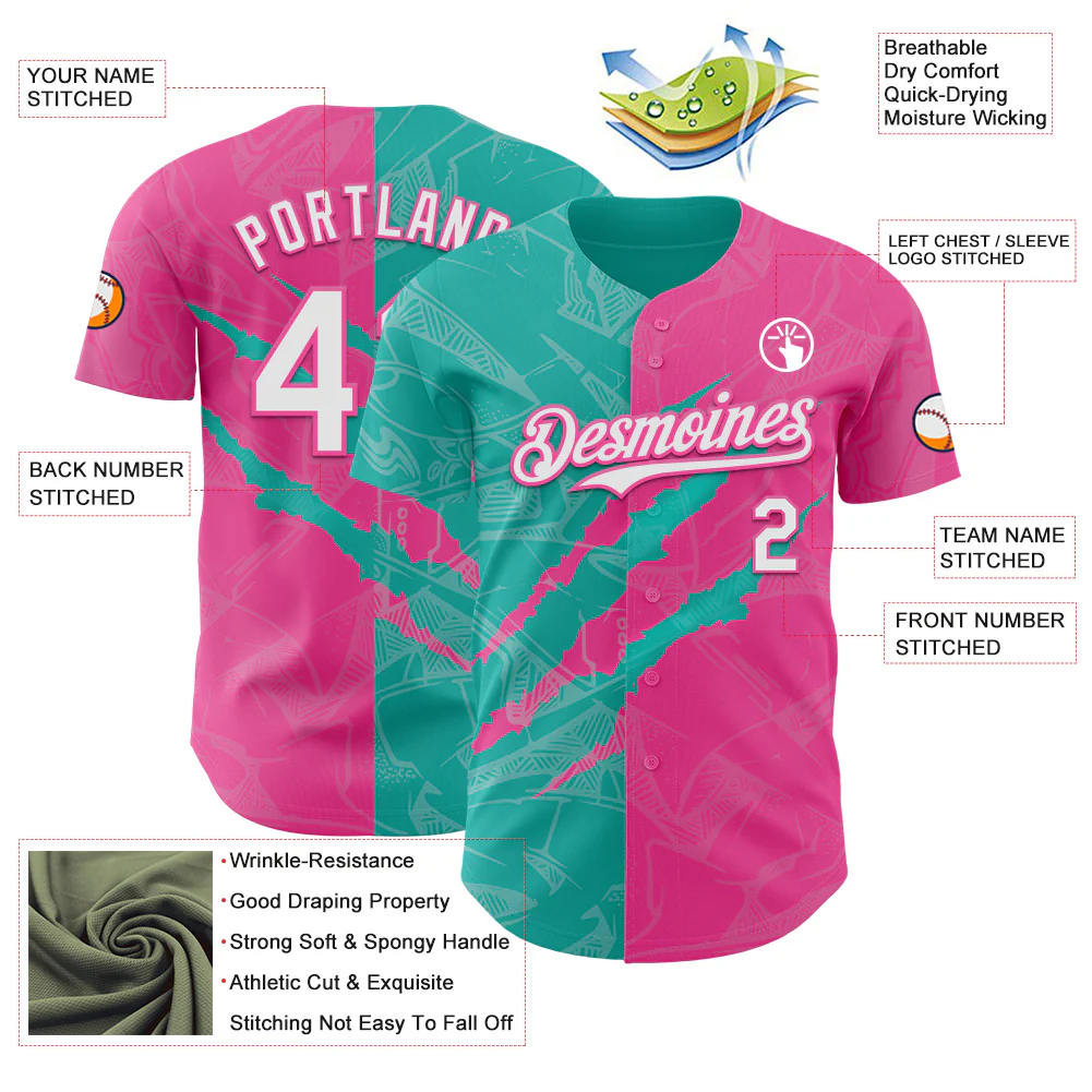 Custom Graffiti Pattern White Pink-Aqua 3D Scratch Authentic Baseball Jersey - Image 3