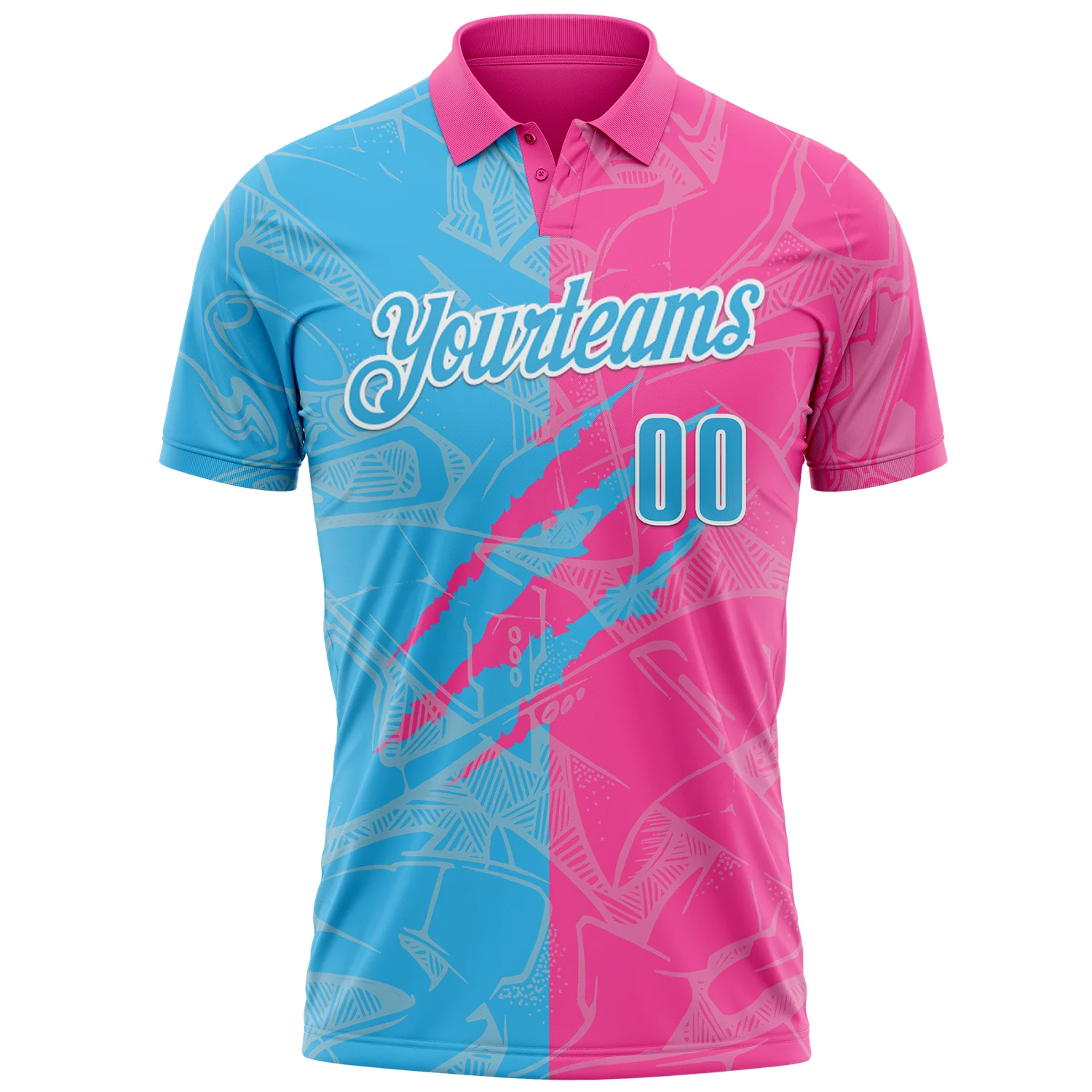 Custom Graffiti Pattern Sky Blue Pink-White 3D Scratch Performance Polo Shirt - Image 2