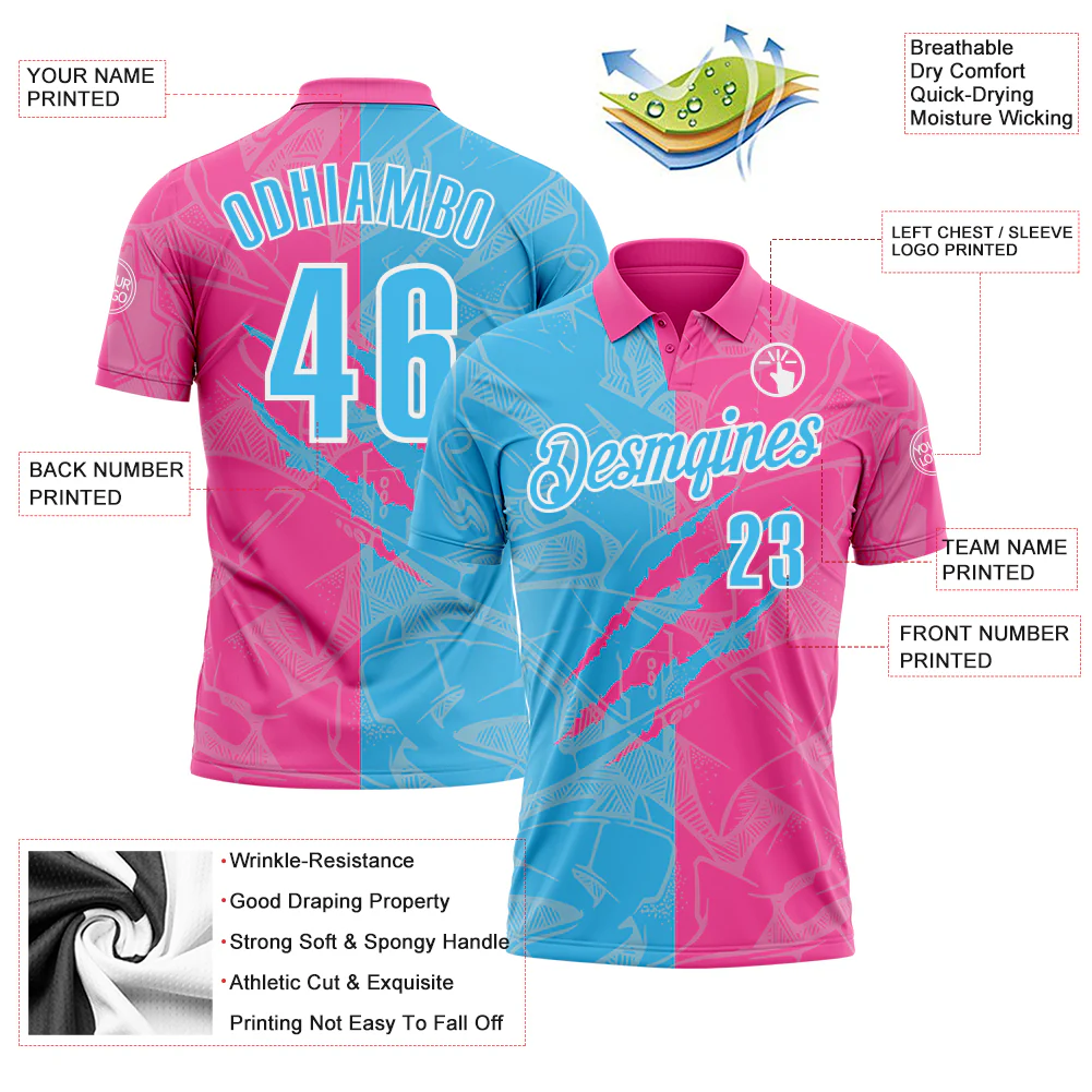 Custom Graffiti Pattern Sky Blue Pink-White 3D Scratch Performance Polo Shirt - Image 3