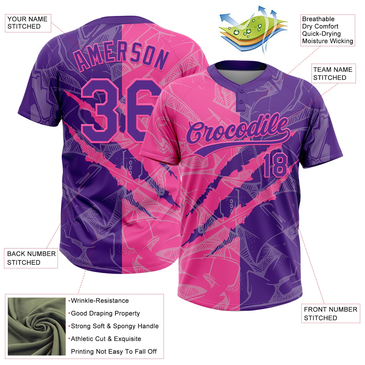 Custom Graffiti Pattern Purple-Pink 3D Scratch Two-Button Unisex Softball Jersey - Image 3