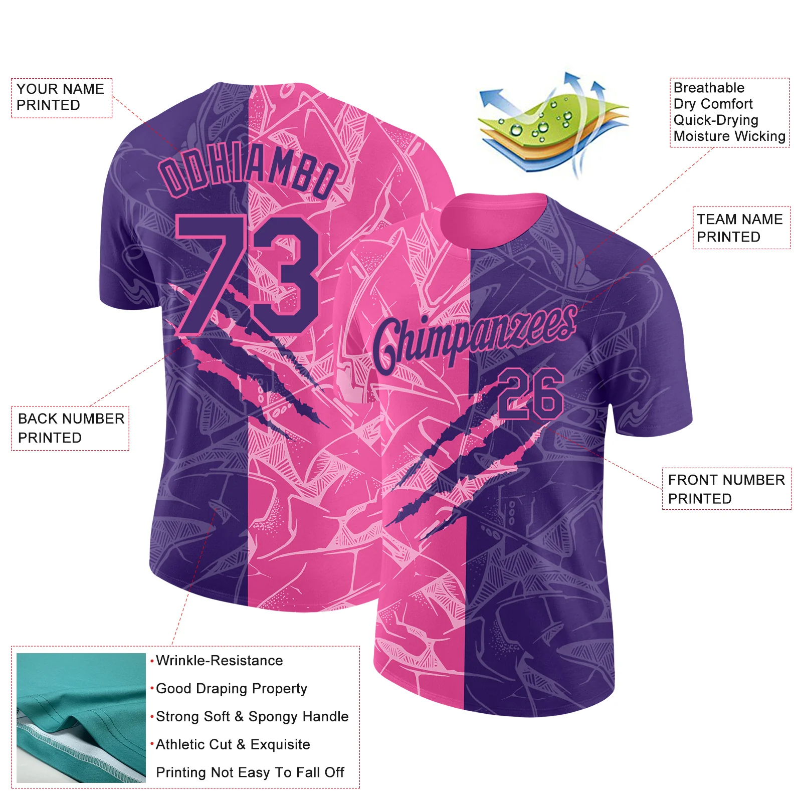 Custom Graffiti Pattern Purple-Pink Scratch 3D Performance T-Shirt - Image 2