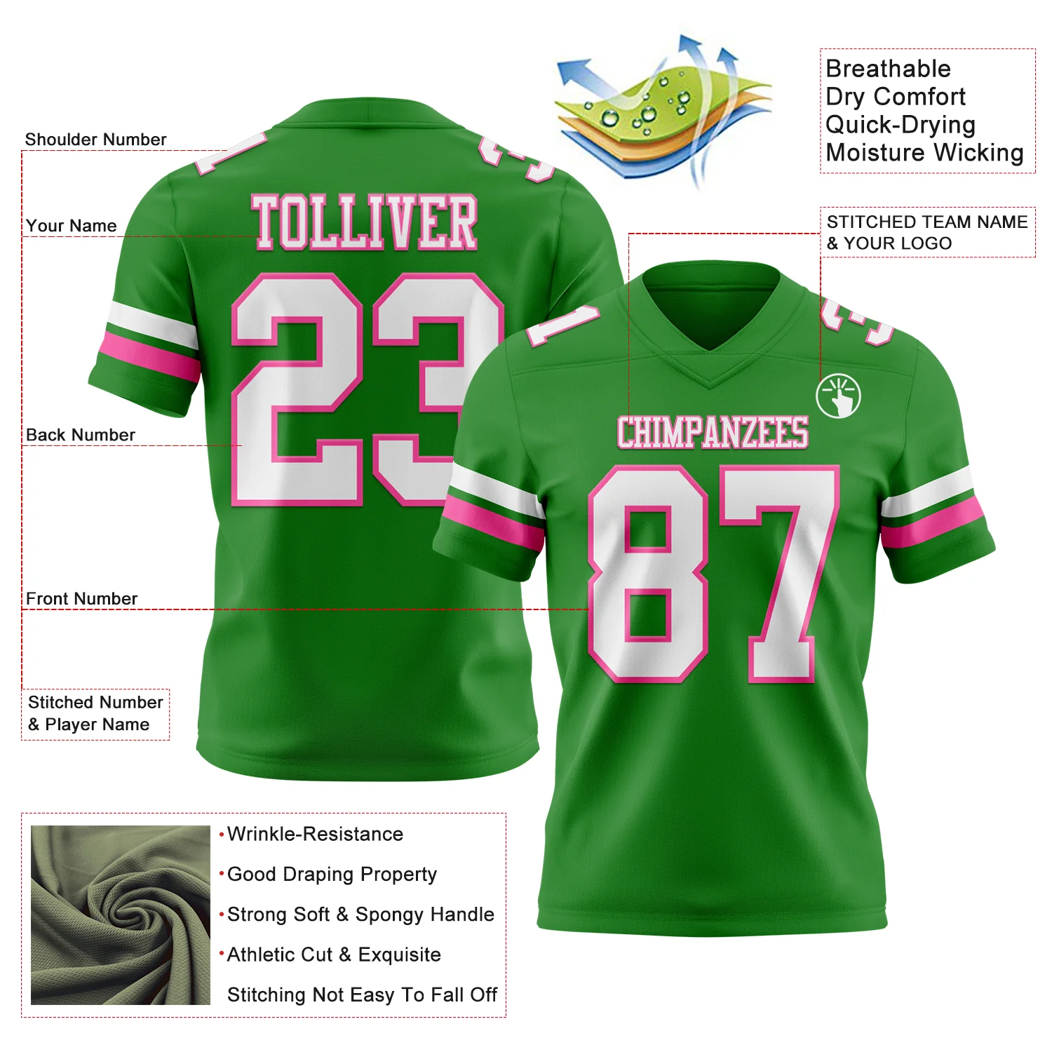 Custom Grass Green White-Pink Authentic Football Jersey - Image 3
