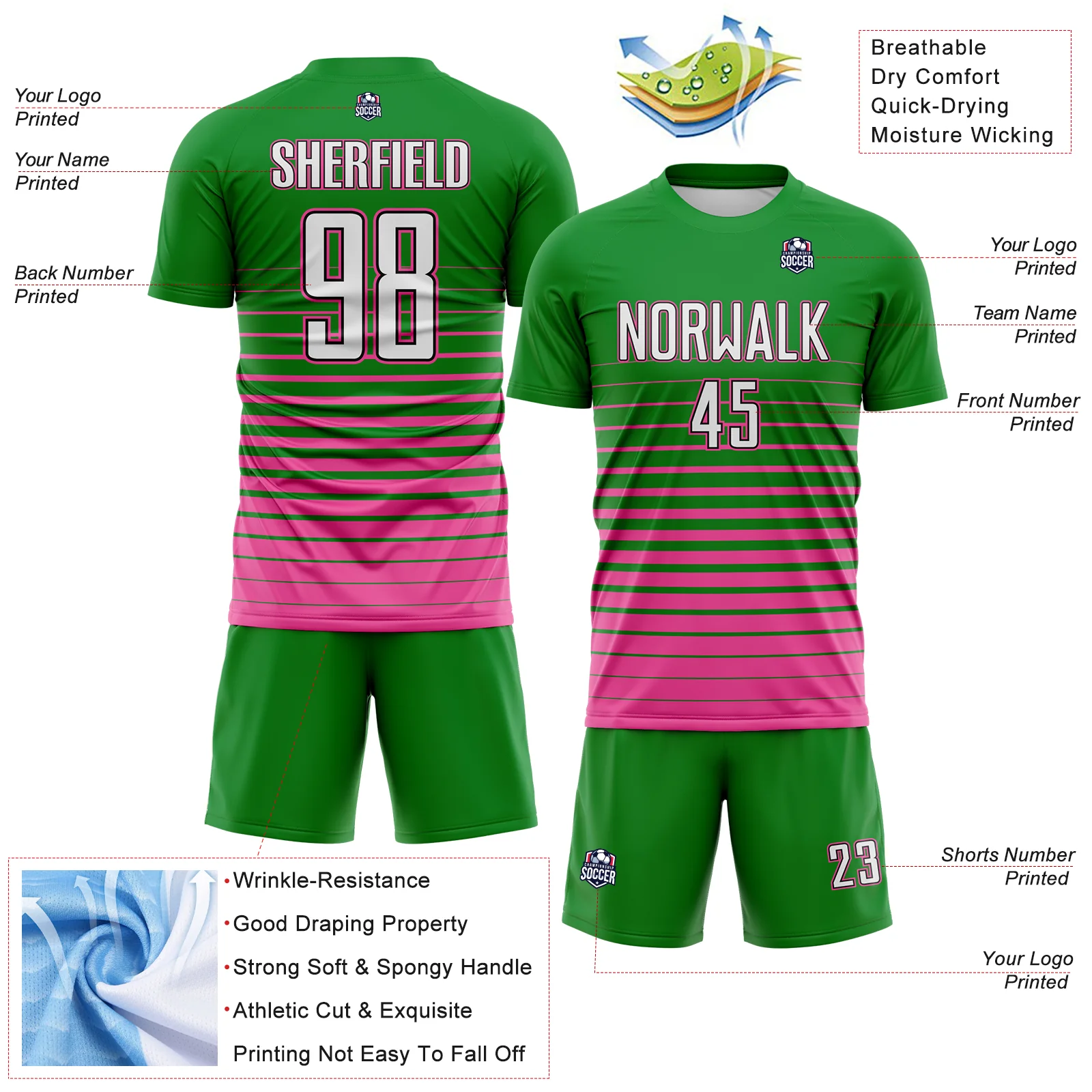 Custom Grass Green White Pink-Black Gradient Pinstripe Sublimation Soccer Uniform Jersey - Image 4