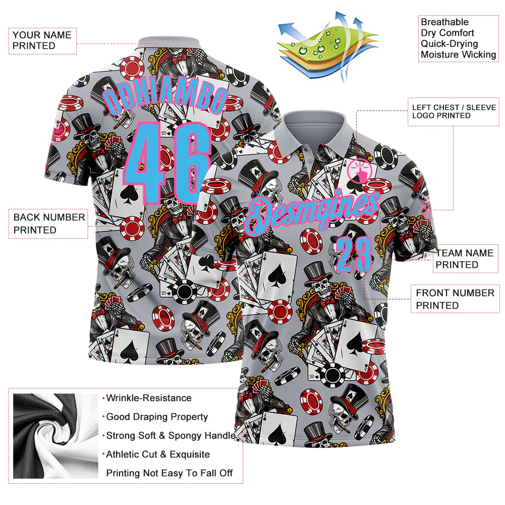 Custom Gray Sky Blue-Pink 3D Gambling Poker Performance Polo Shirt - Image 3