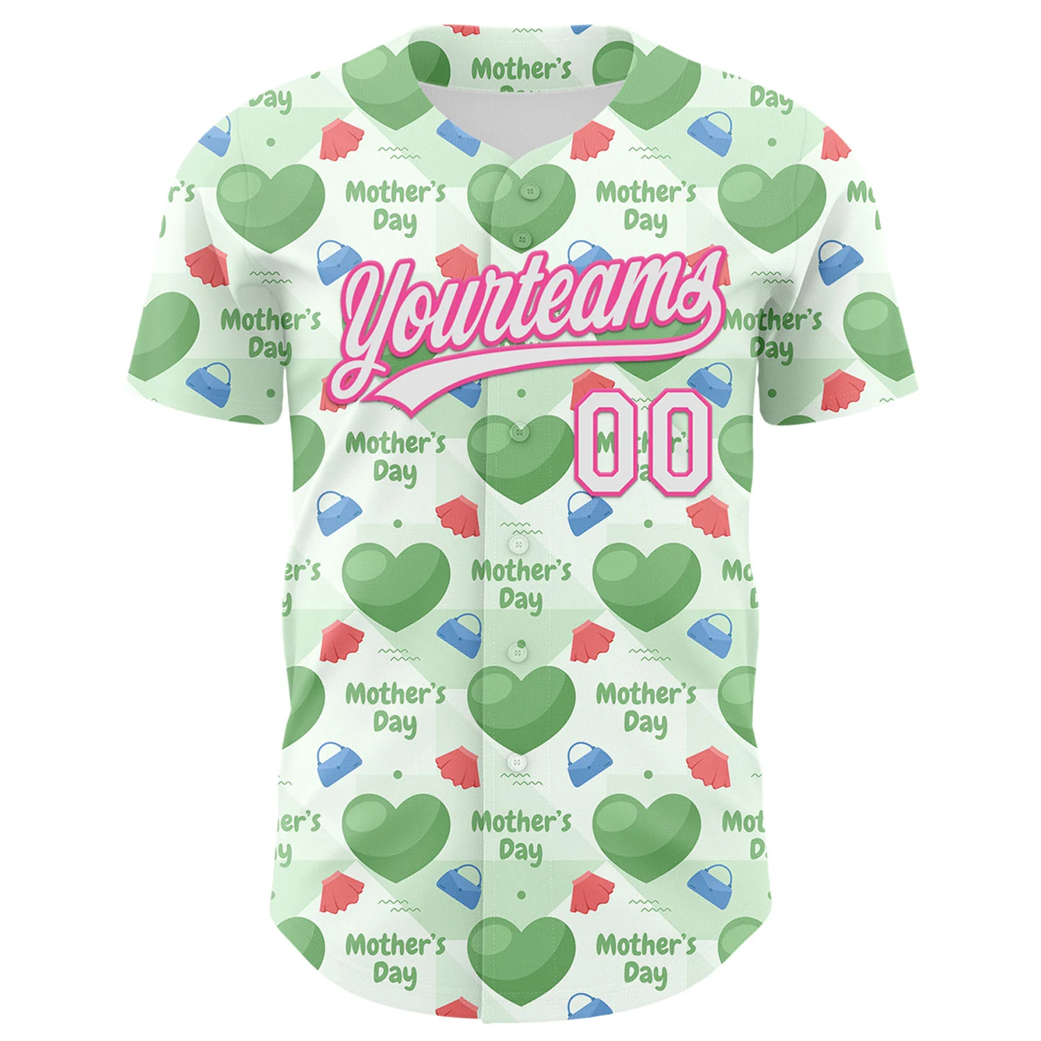 Custom Green White-Pink 3D Pattern Design Mother's Day Love Authentic Baseball Jersey - Image 2