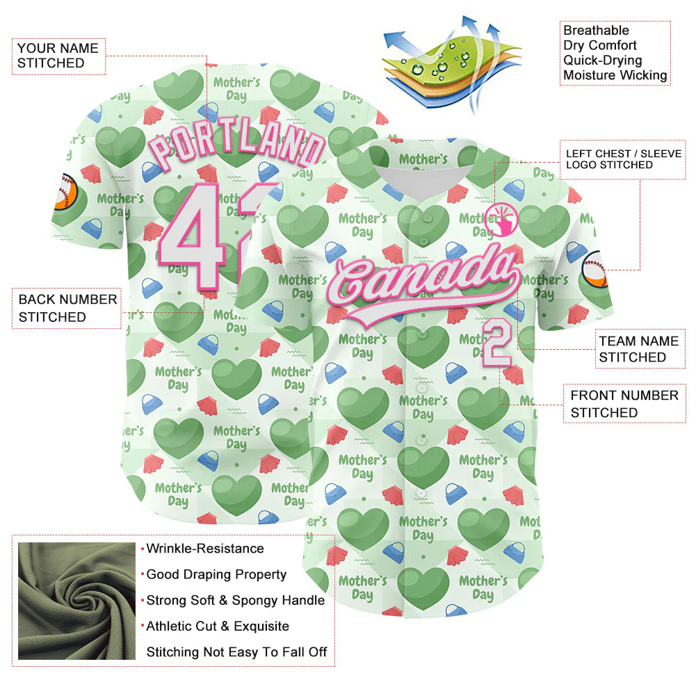 Custom Green White-Pink 3D Pattern Design Mother's Day Love Authentic Baseball Jersey - Image 3