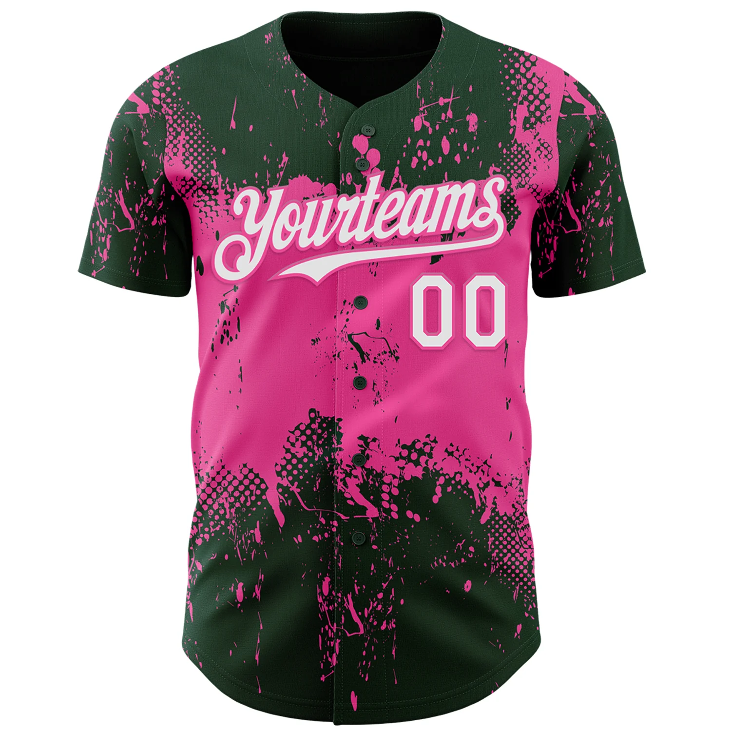 Custom Green White-Pink Abstract Splatter Grunge Paint Authentic Baseball Jersey - Image 2