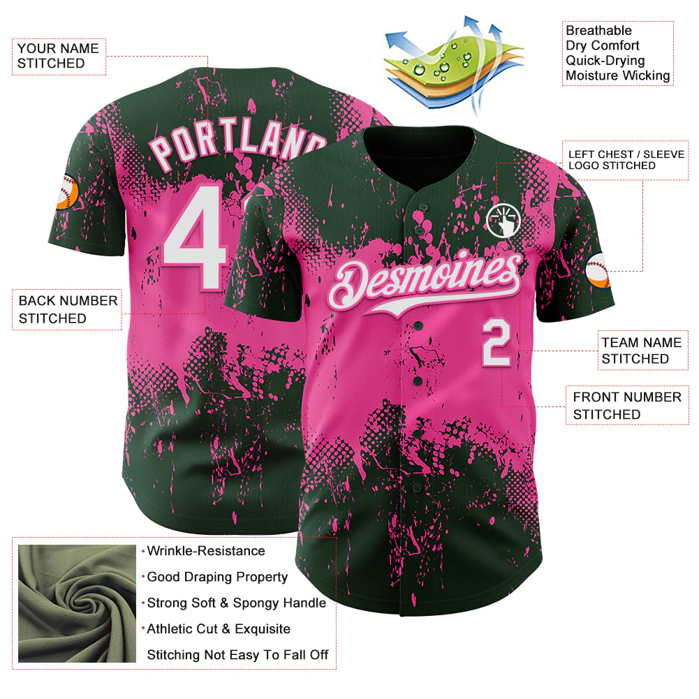 Custom Green White-Pink Abstract Splatter Grunge Paint Authentic Baseball Jersey - Image 3