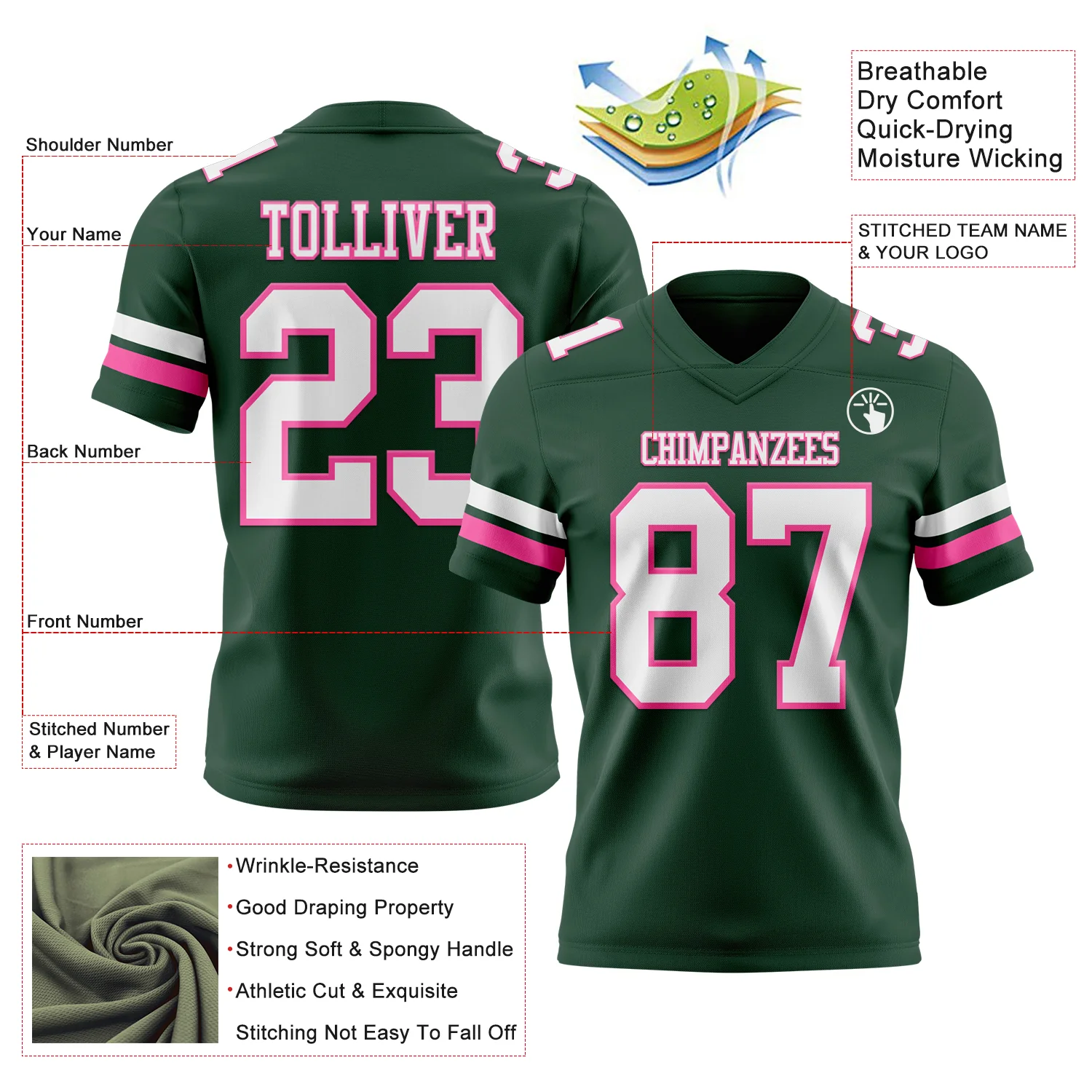 Custom Green White-Pink Authentic Football Jersey - Image 3
