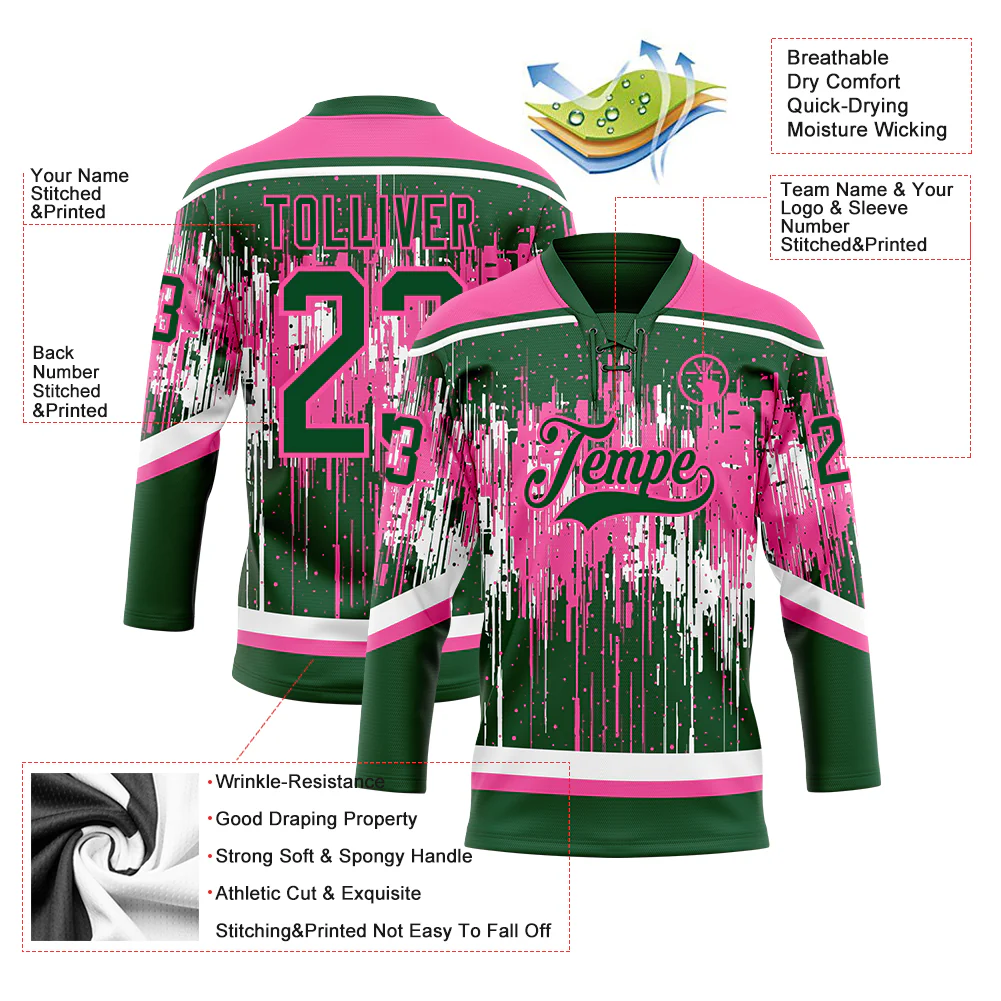 Custom Green Pink-White Dripping Splatter Pattern Hockey Lace Neck Jersey - Image 5