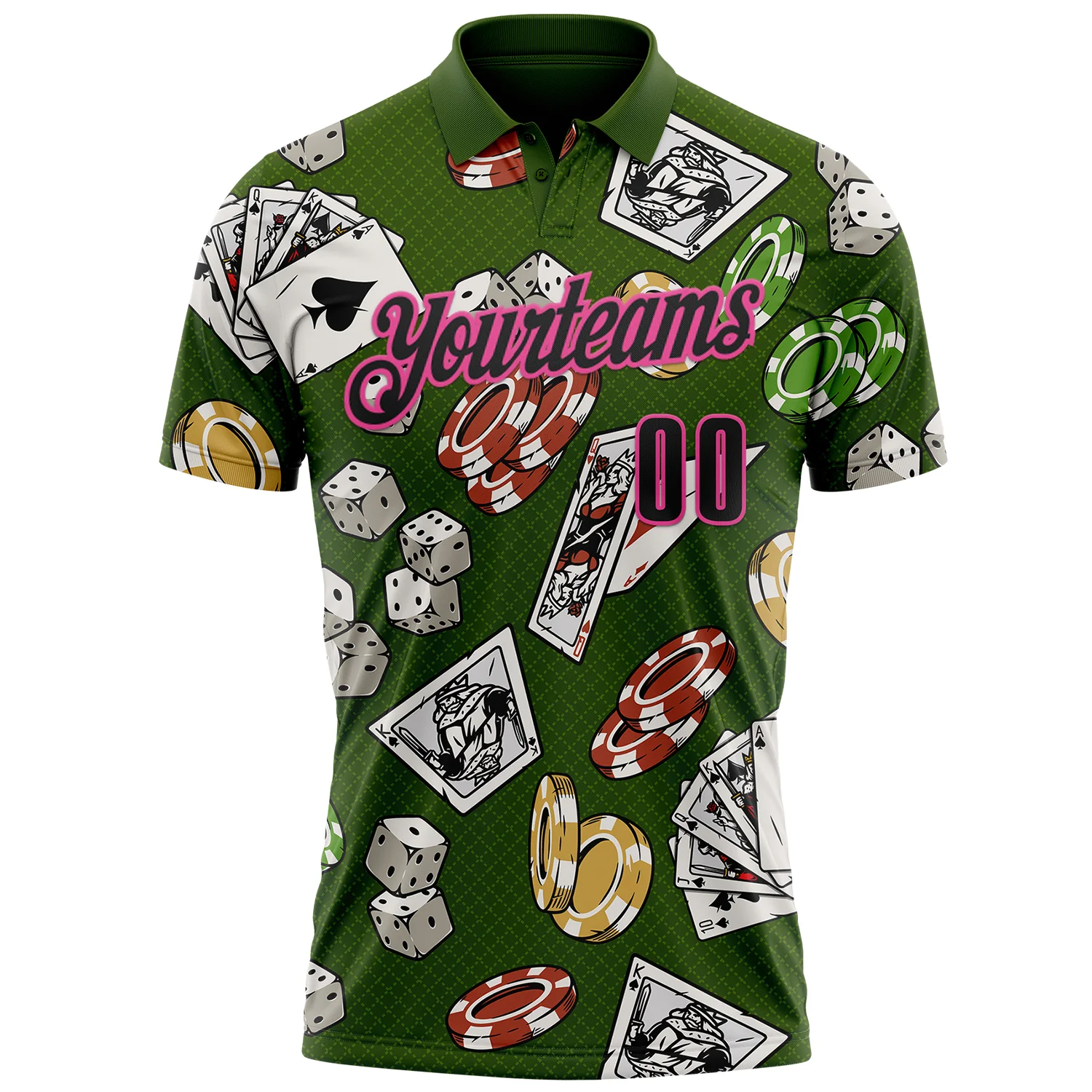 Custom Green Black-Pink 3D Gambling Poker And Dice Performance Polo Shirt - Image 2