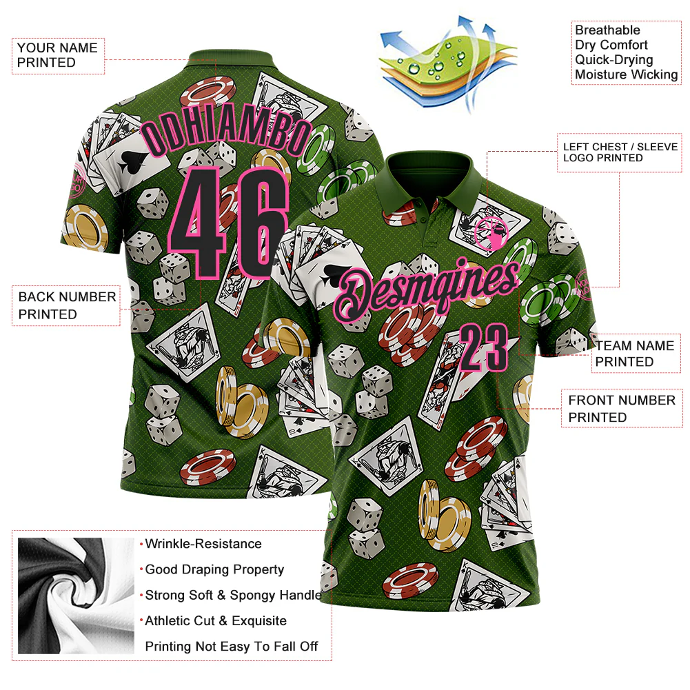 Custom Green Black-Pink 3D Gambling Poker And Dice Performance Polo Shirt - Image 3