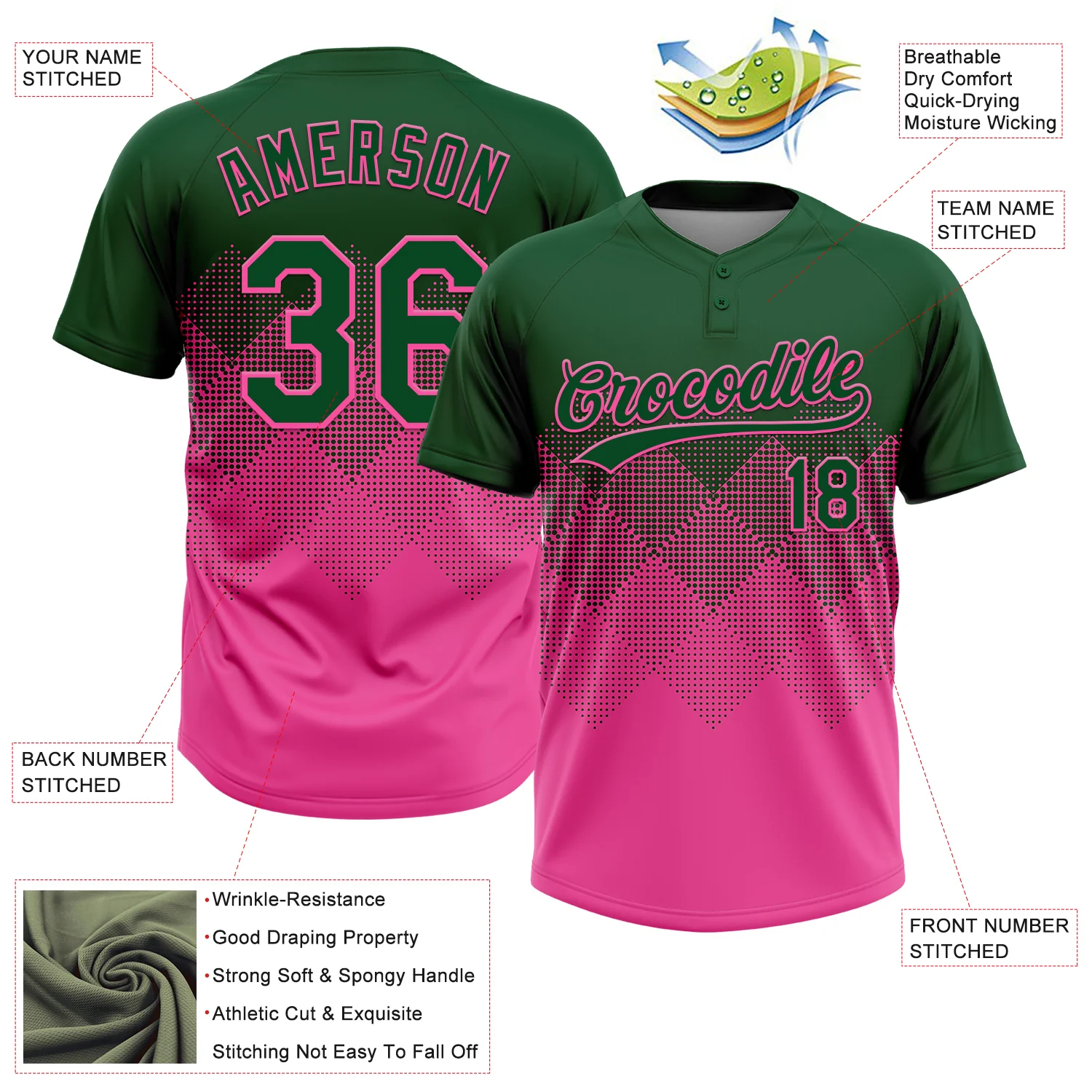 Custom Green Pink 3D Gradient Square Shape Two-Button Unisex Softball Jersey - Image 3