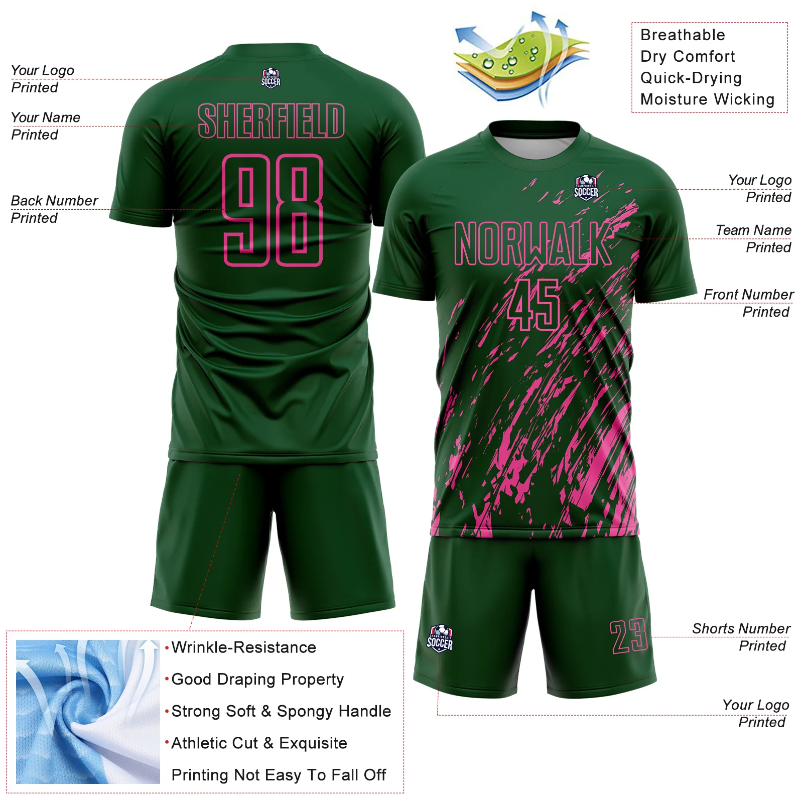 Custom Green Pink Splash Sublimation Soccer Uniform Jersey - Image 4