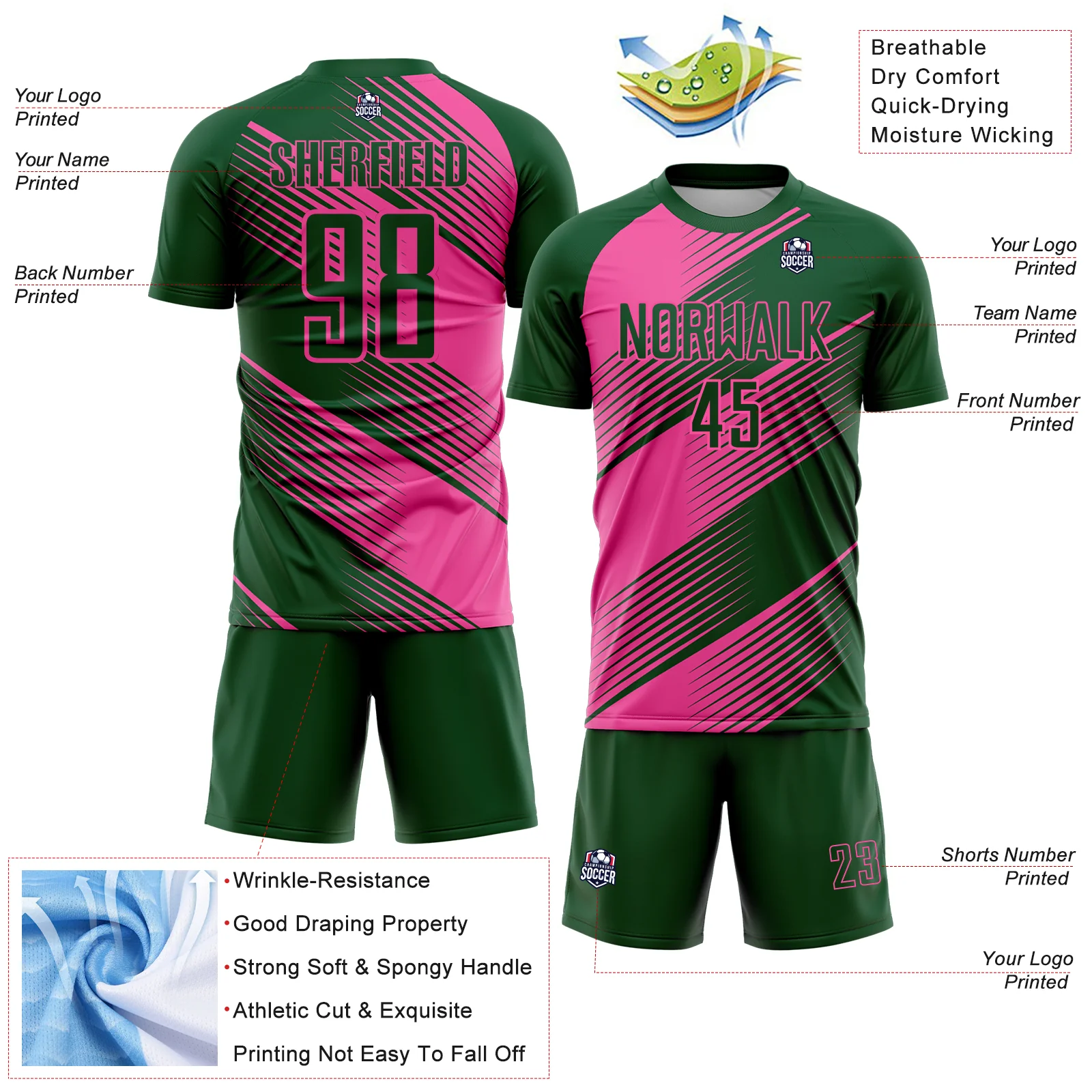 Custom Green Pink Line Sublimation Soccer Uniform Jersey - Image 4