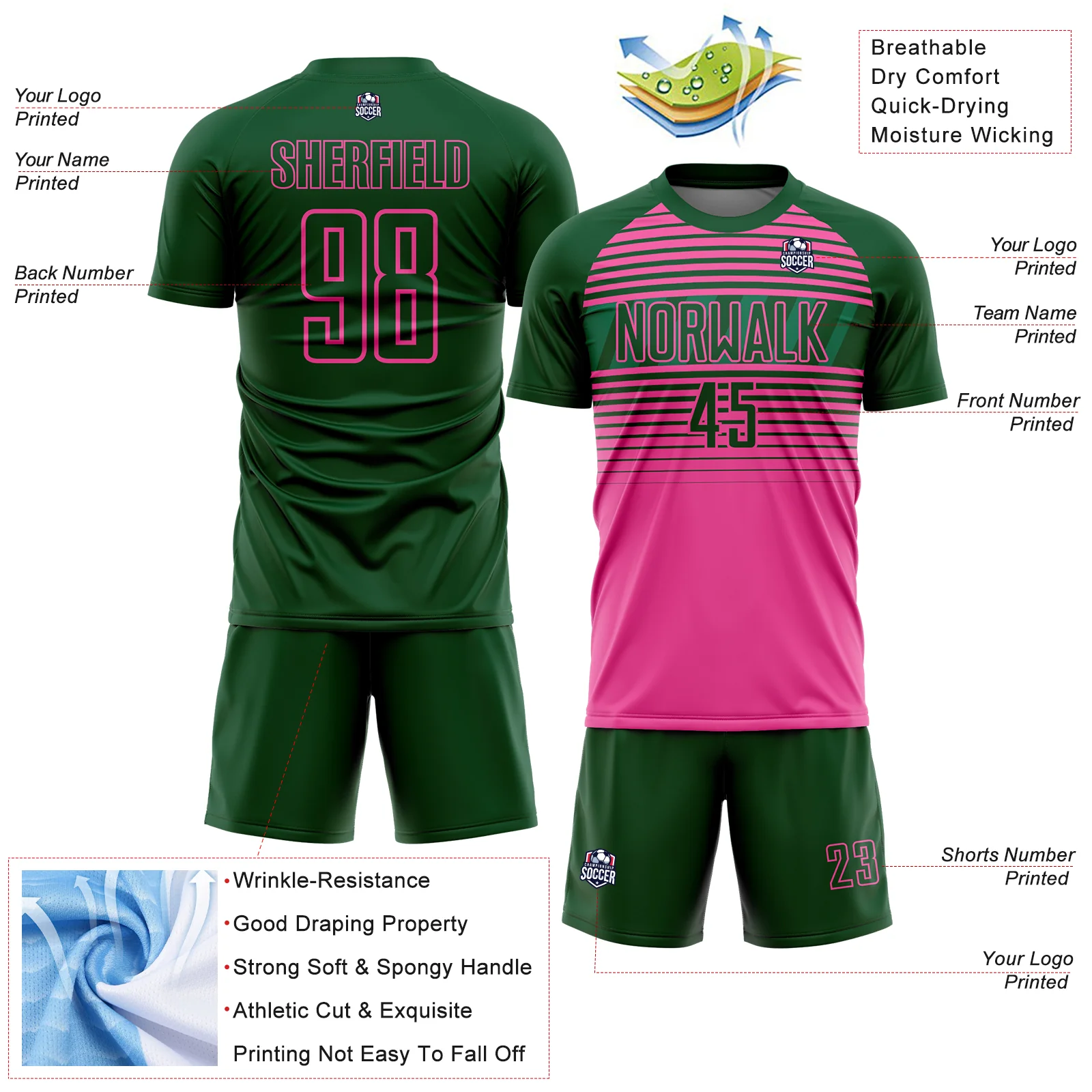 Custom Green Pink-Kelly Green Gradient Horizontal Stripes Sublimation Soccer Uniform Jersey - Image 4