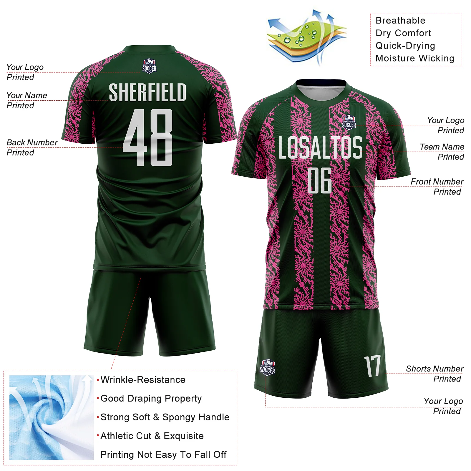 Custom Green White-Pink Abstract Shape Sublimation Soccer Uniform Jersey - Image 4