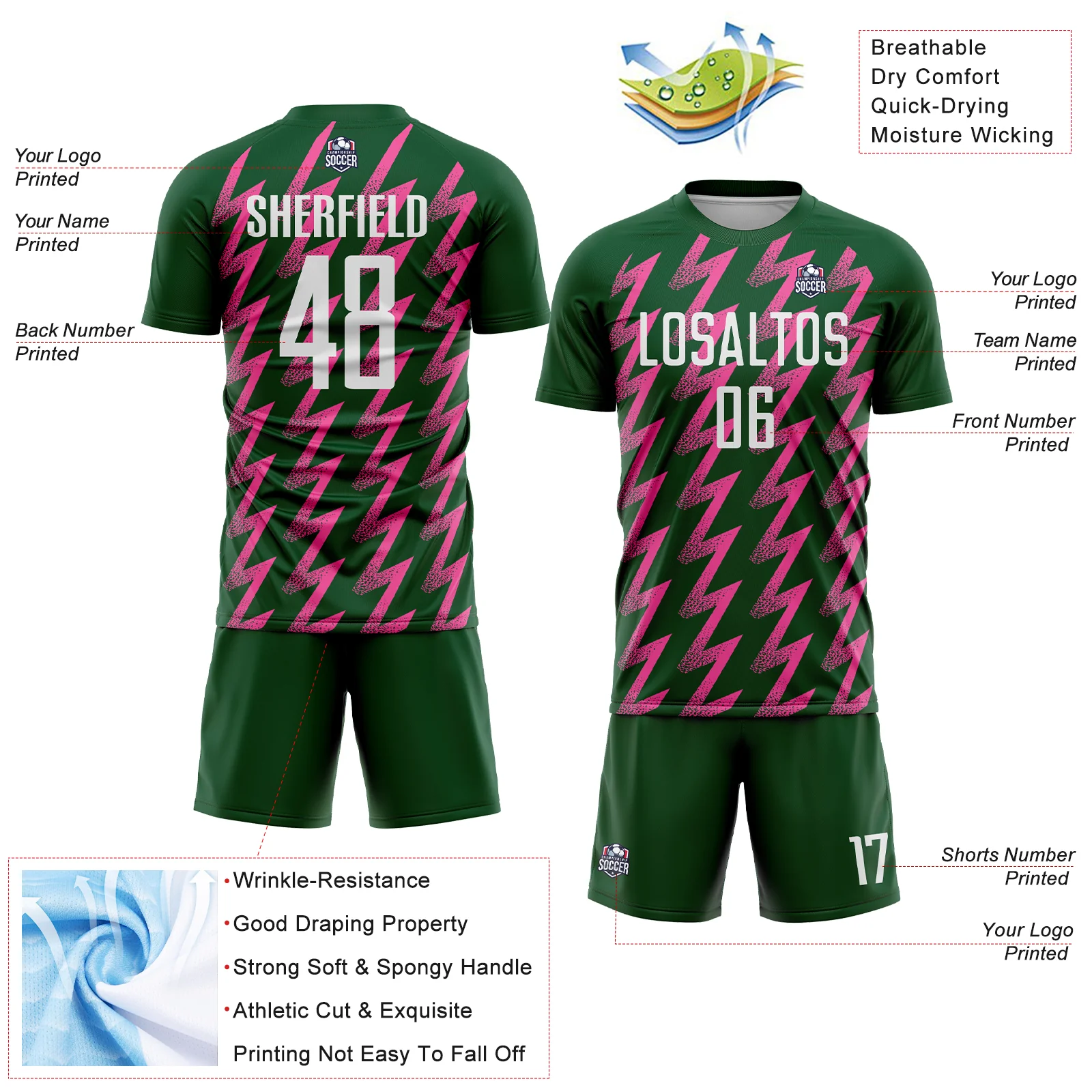 Custom Green White-Pink Zigzag Shape Sublimation Soccer Uniform Jersey - Image 4