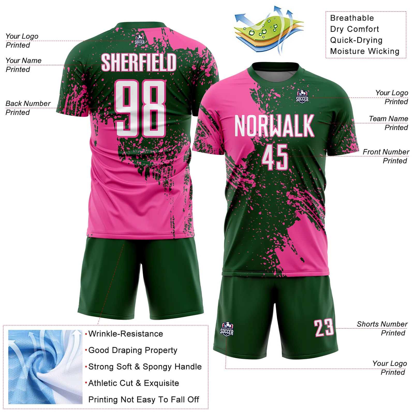Custom Green White-Pink Abstract Brush Stroke Sports Sublimation Soccer Uniform Jersey - Image 4