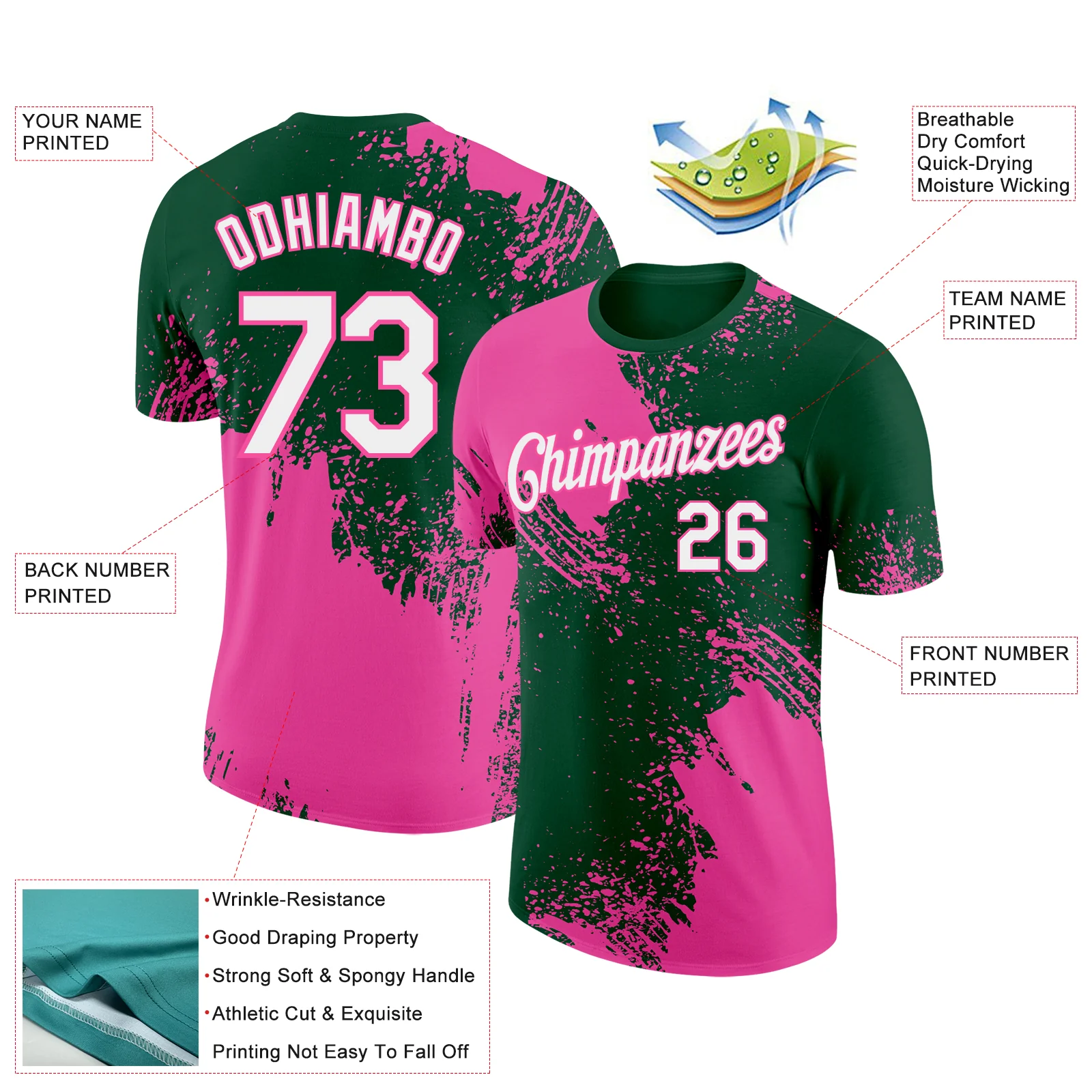 Custom Green White-Pink 3D Pattern Design Abstract Brush Stroke Performance T-Shirt - Image 2