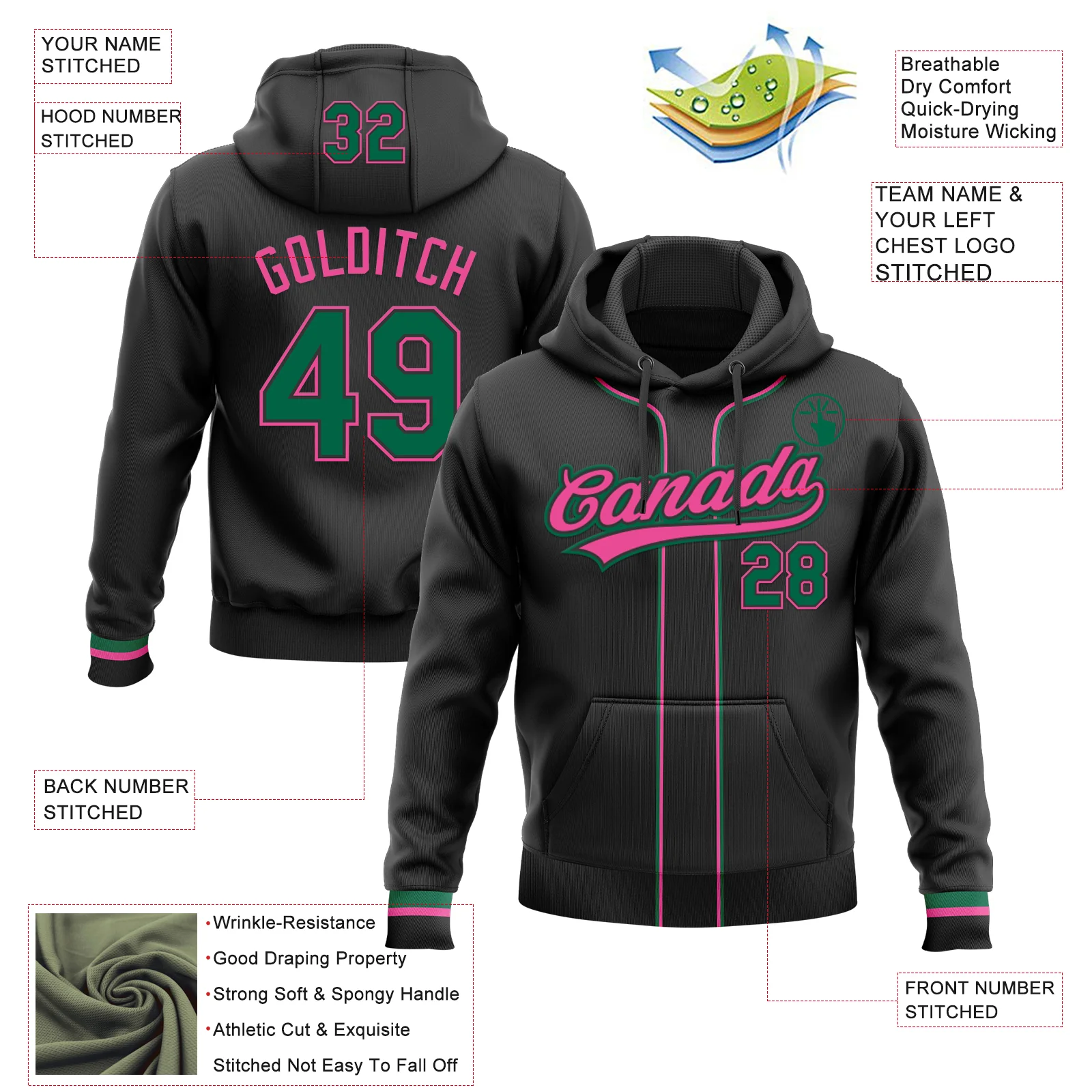 Custom Stitched Black Kelly Green-Pink Baseball Pullover Sweatshirt Hoodie - Image 2