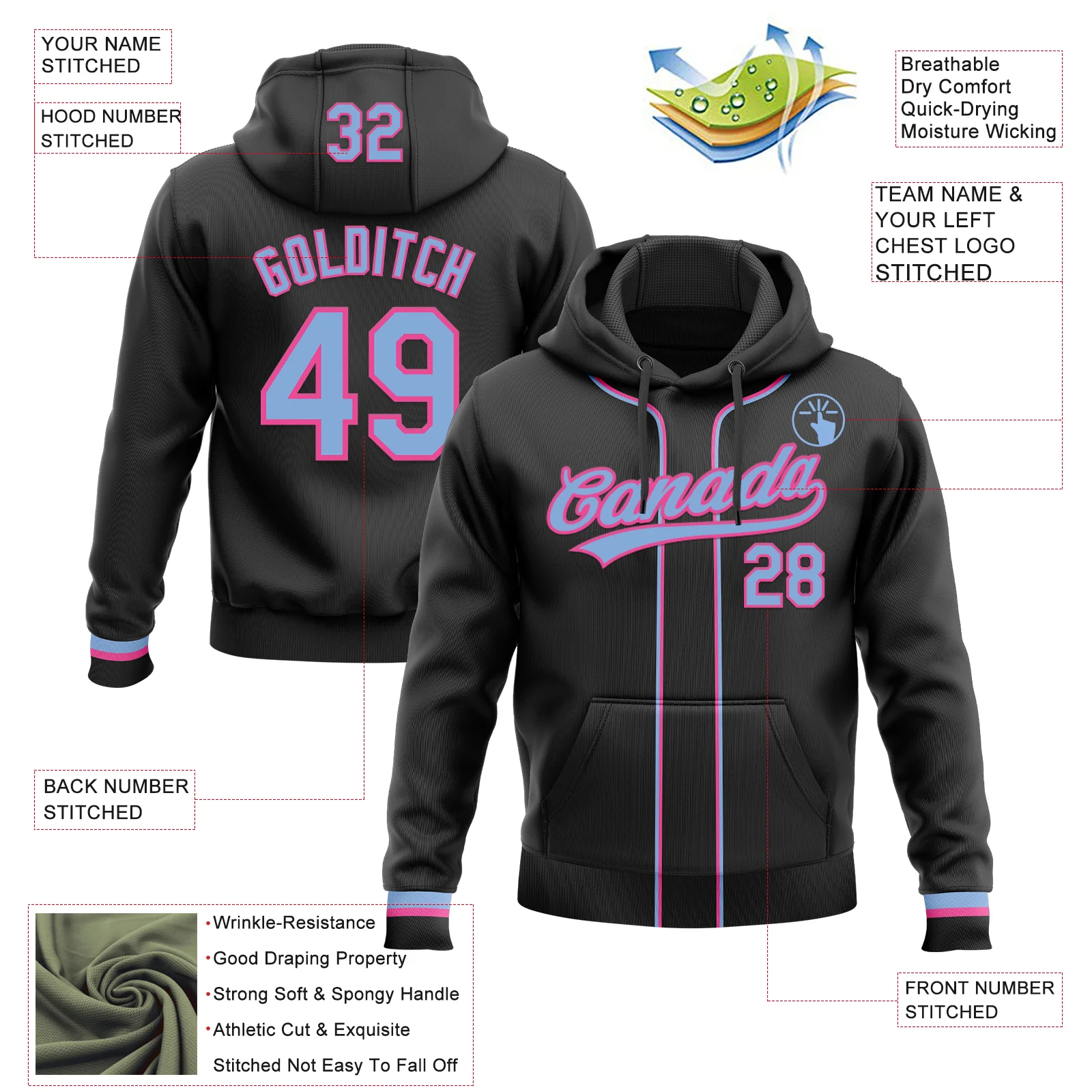 Custom Stitched Black Light Blue-Pink Baseball Pullover Sweatshirt Hoodie - Image 2