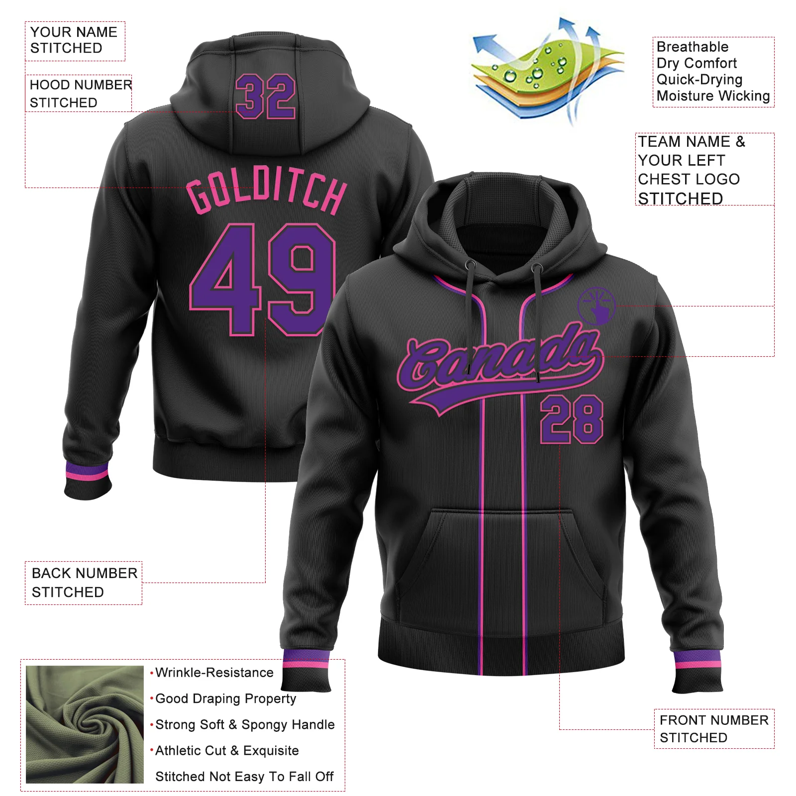 Custom Stitched Black Purple-Pink Baseball Pullover Sweatshirt Hoodie - Image 2