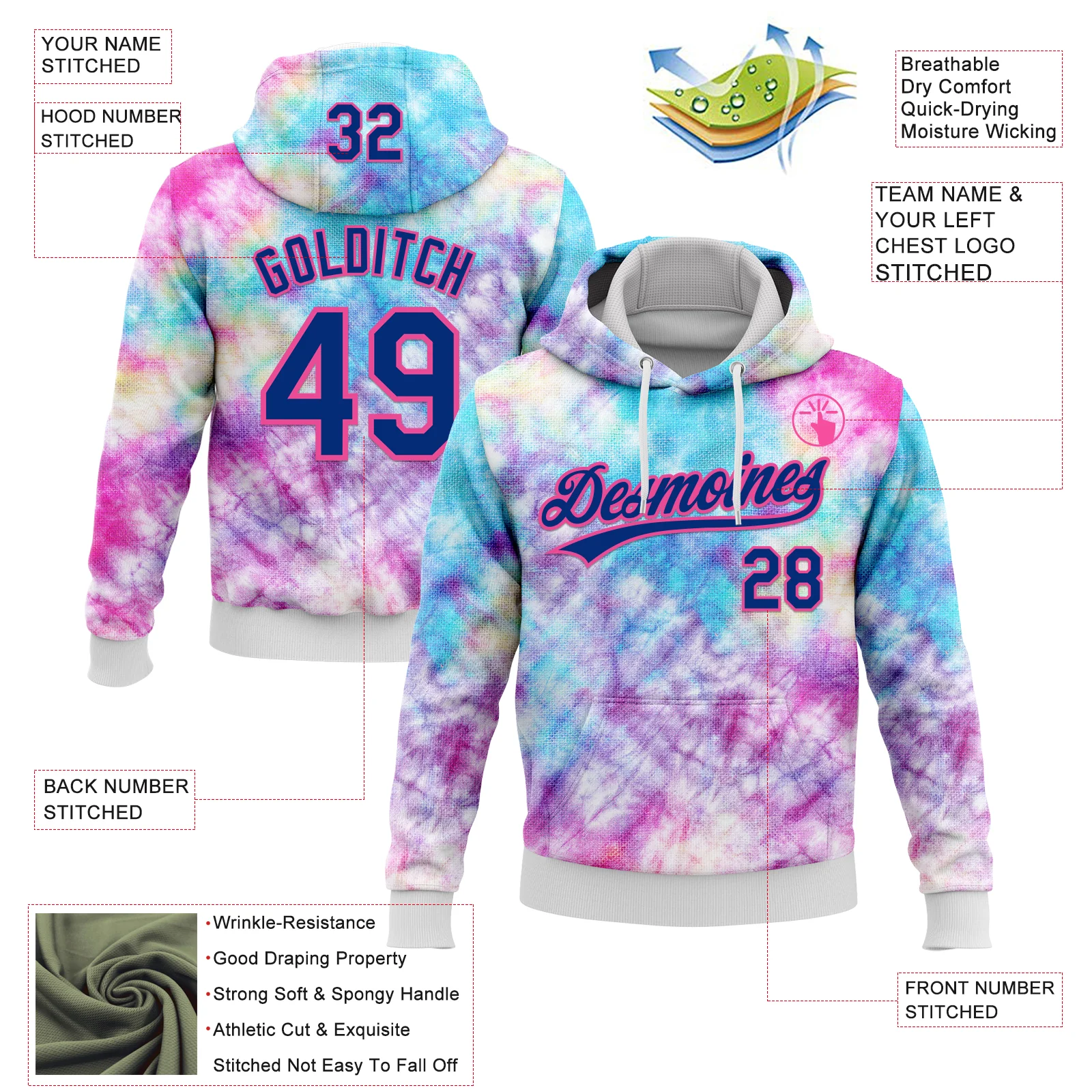 Custom Stitched Tie Dye Royal-Pink 3D Sports Pullover Sweatshirt Hoodie - Image 2